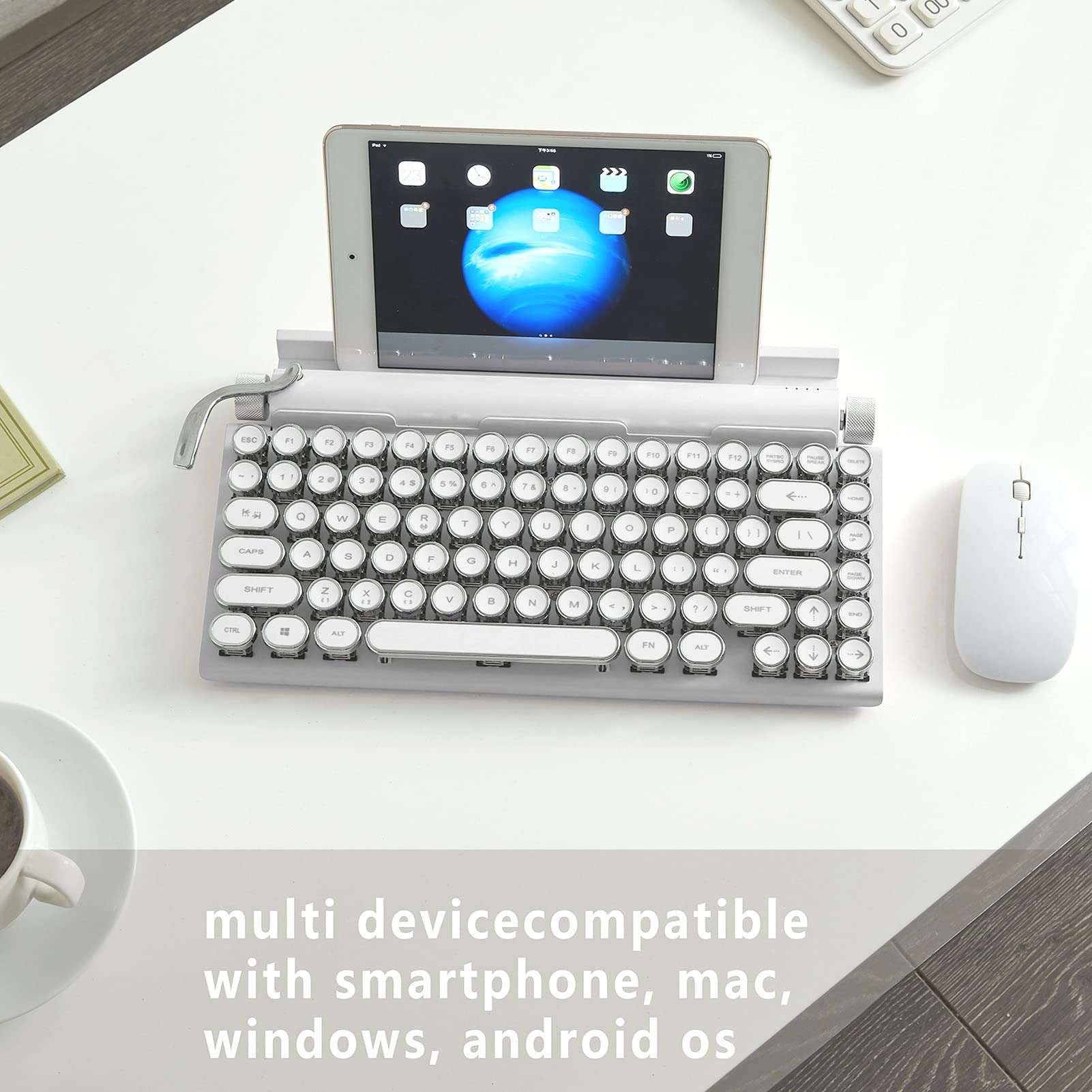 Mechanical Keyboard, Cordless Gaming Keyboard, 83 Key Knob Control Round Keycaps Design, Ergonomic 3 Modes Cordless Keyboard for Phone Laptop, Plug and Play (White) 5