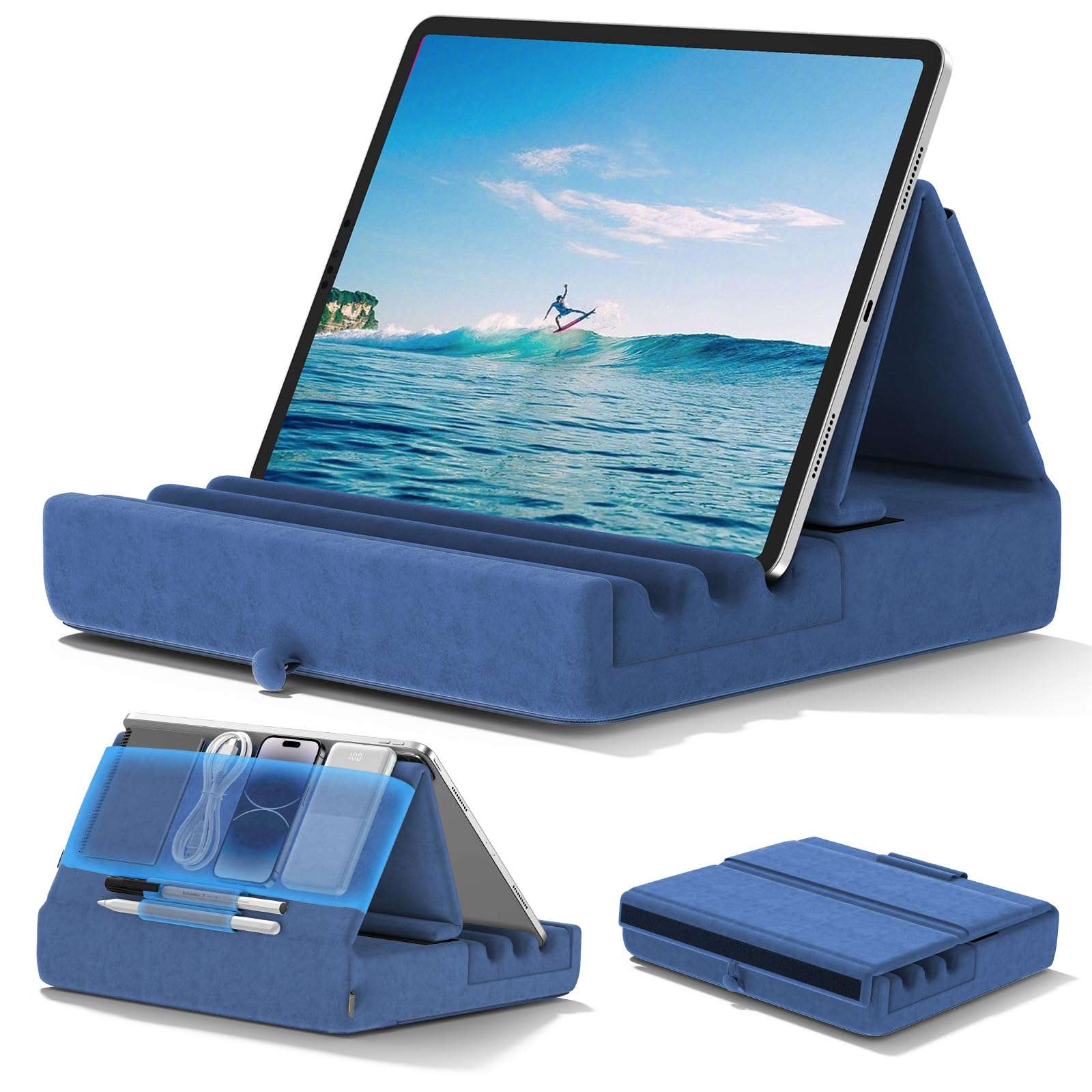 KDD Tablet Pillow Holder, Foldable iPad Stand for Lap, Bed and Desk -Tablet Soft Pad Dock with Pocket & Stylus Mount Compatible with iPad Pro 12.9, 10.5, 9.7 Air Mini 6 5 4 3, Galaxy Tab,E-Reader 1