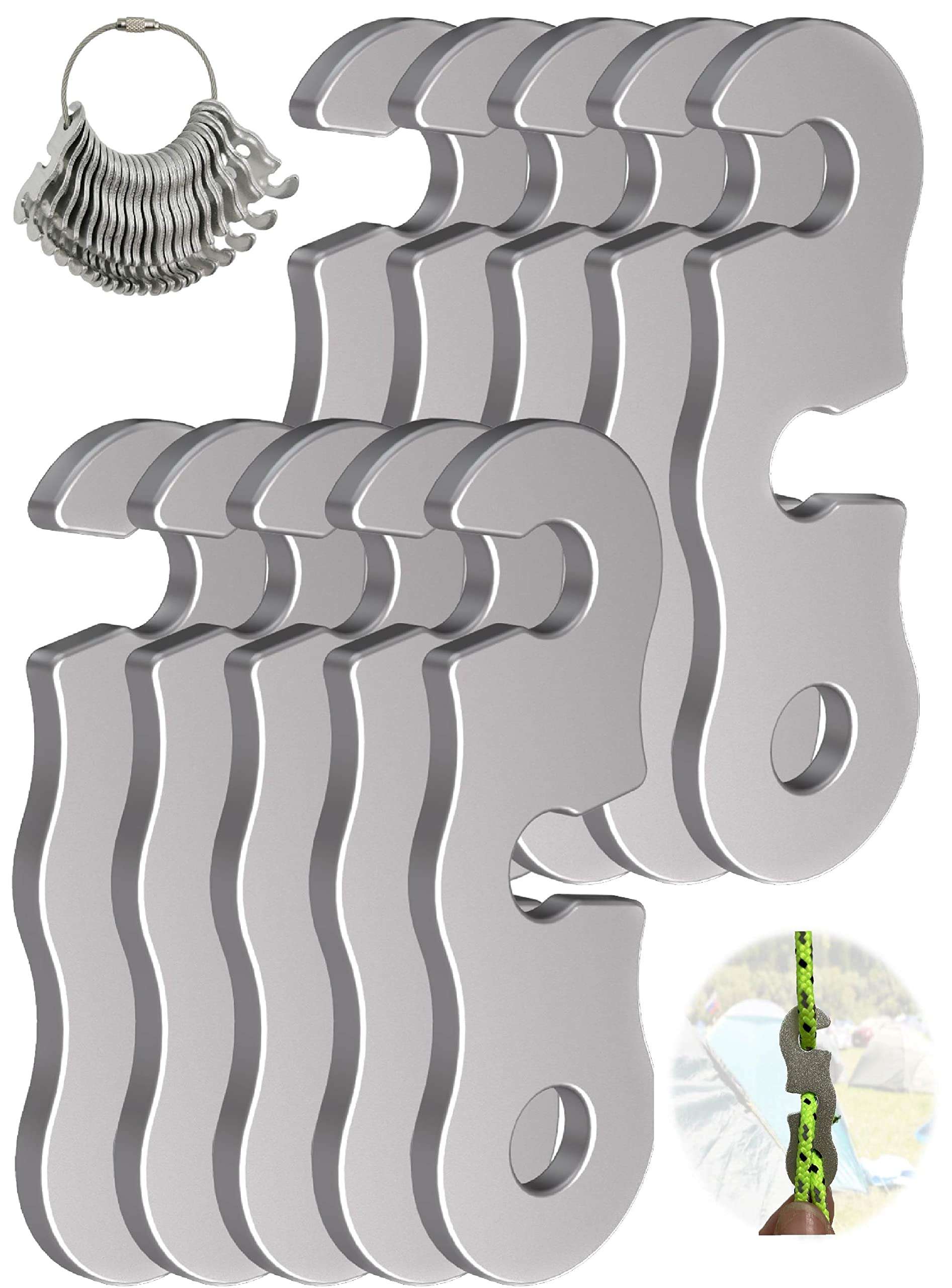 Rope Tensioner Aluminum Alloy Camping Tent Guyline Cord Adjuster Camping of Gear for Camping, Hiking, Backpacking Ultralight Tent Stakes Guy Lines (Sliver, 10 Pack) 1