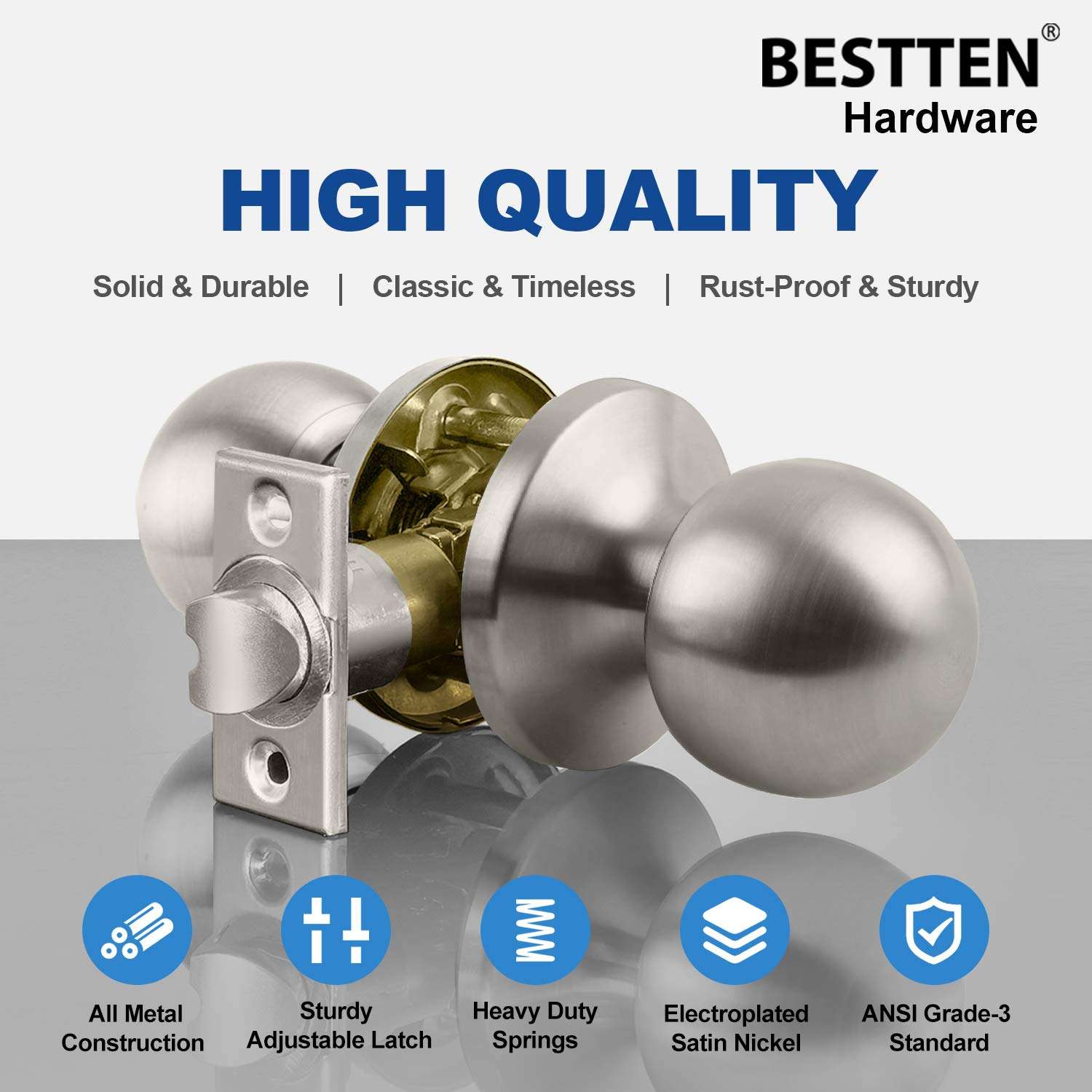 BESTTEN Passage Door Knob Set with Nonlocking, Removable Latch Plate, Interior Ball Door Knob for Hallway and Closet, All Metal, Satin Nickel Finish 2