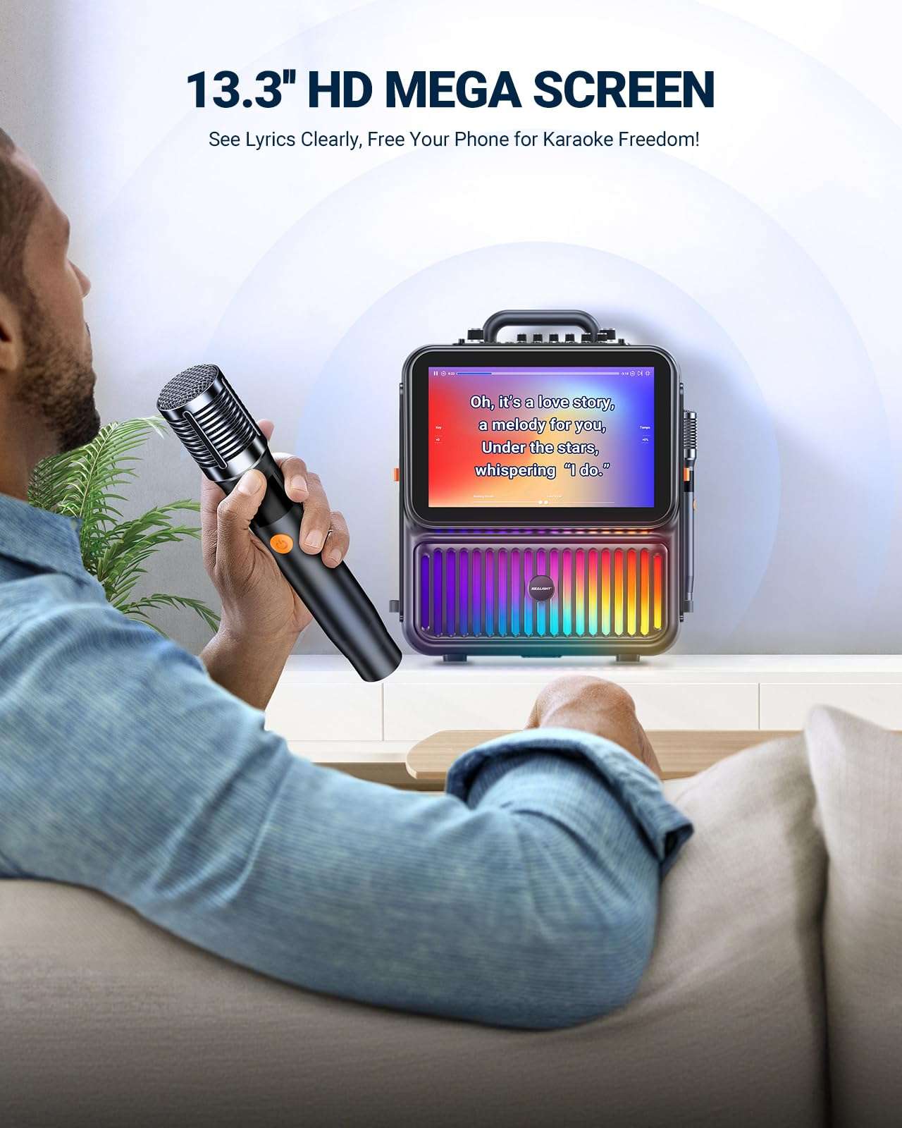 SEALIGHT Karaoke Machine for Adults, with Lyrics Display 13.3" HD Screen, 350W Portable Bluetooth Karaoke Speaker, with 2 Wireless Mics, DJ Lights, Professional Karaoke System for Christmas Party 5