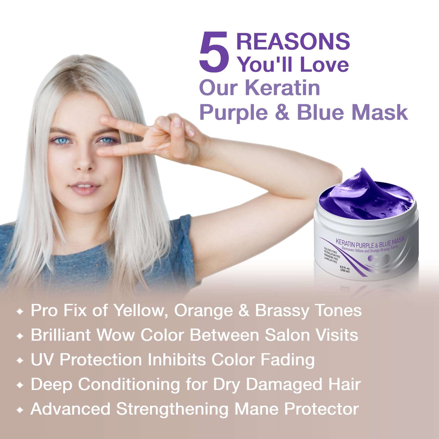 VITAMINS hair cosmetics Keratin Thin Hair Leave-In Conditioner & Purple Blue Hair Mask Kit - Hydrating No Rinse Cream & Anti-Brass Conditioner for Bleached Blonde Platinum Silver Gray Dry Damaged Hair 4