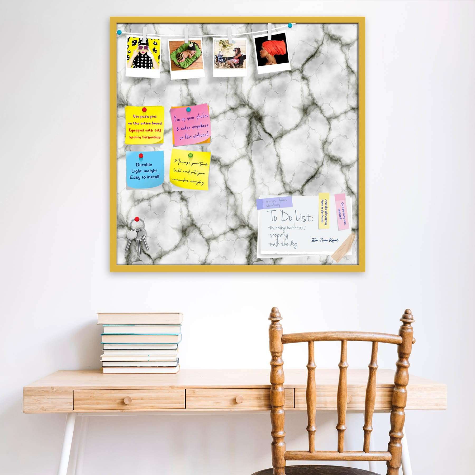 ArtzFolio Abstract Marble Art D3 | Bulletin Board Notice Pin Board | Vision Soft Board Combo with Thumb Push Pins & Sticky Notes | Golden Frame | 12 x 12 inch (30 x 30 cms) 3