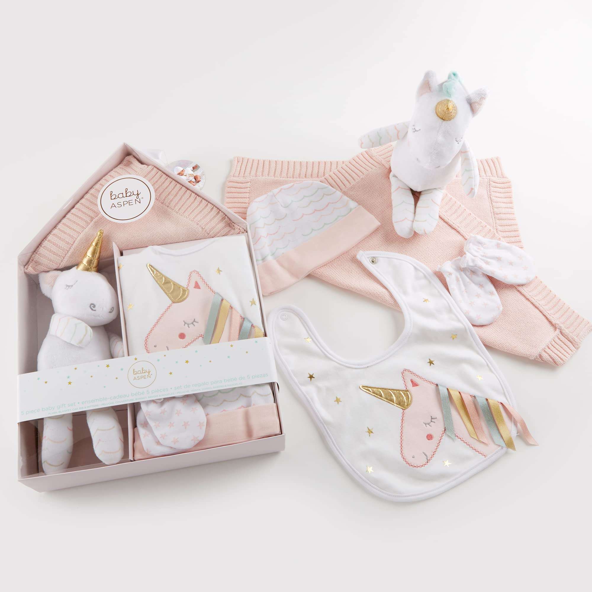 Baby Aspen Simply Enchanted Unicorn 5-Piece Welcome Home Gift Set, Light & Dark Pink/White/Aqua/Gold 4