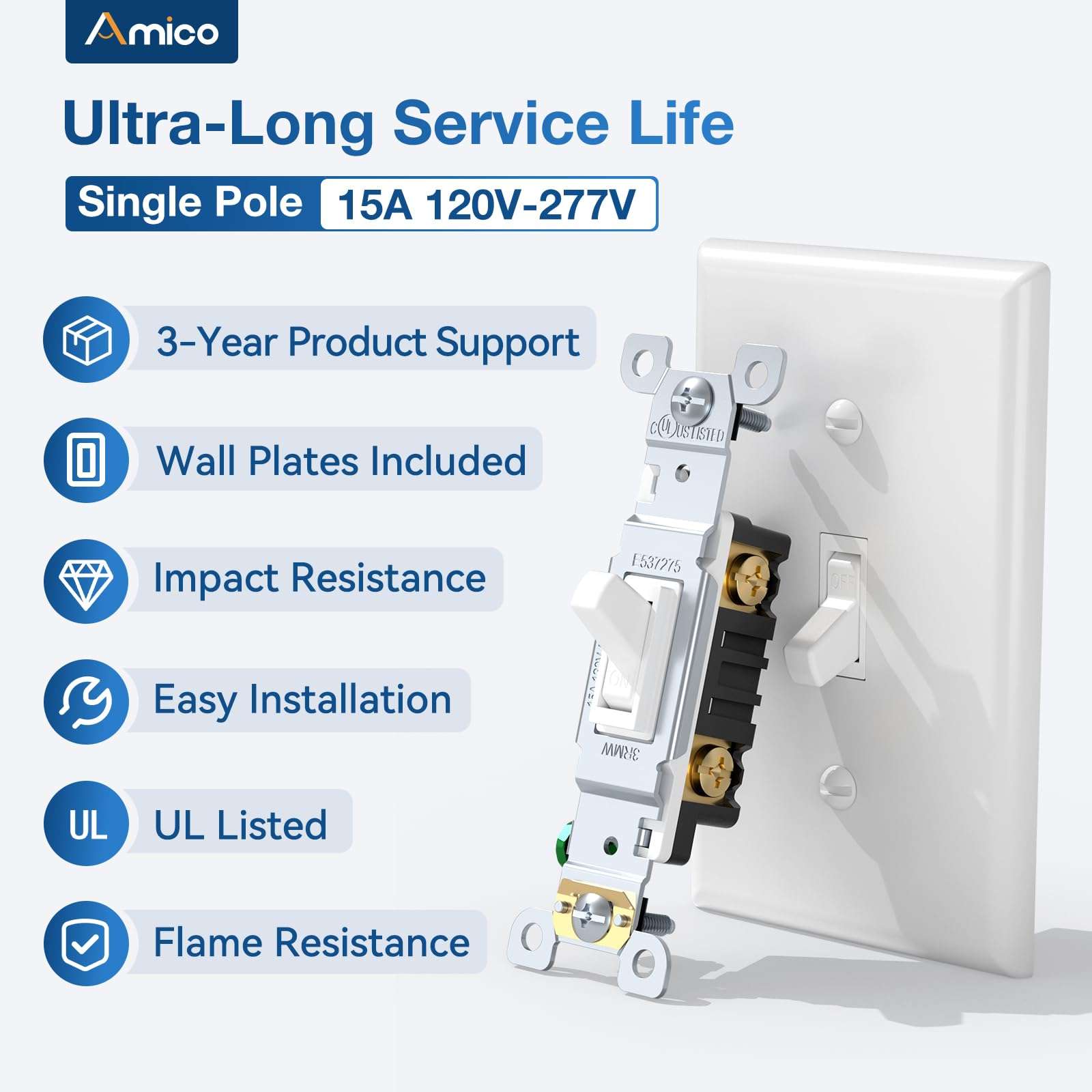 Amico 30 Pack Toggle Single Pole Light Switch Bundle with Wall Plate, UL Listed and Amico 12 Pack Dimmer Light Switch, Single-Pole or 3-Way Slide Dimmer Switches for Led Lights, ETL Listed 3