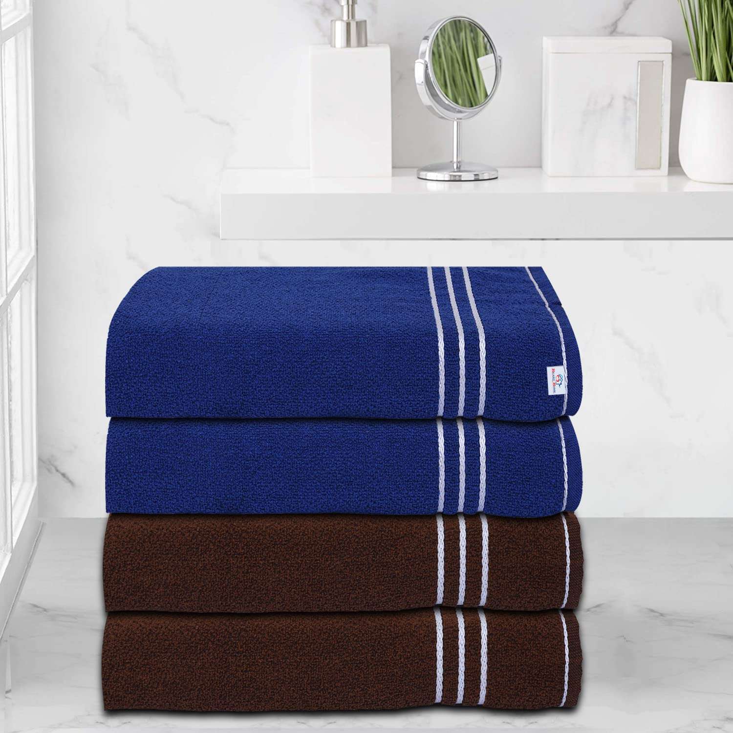 Heart Home Three Stripes Design Super Absorbent Cotton Hand Towel|Face Towel for Men,Women & Kids Pack of 4 (Brown & Blue) 1