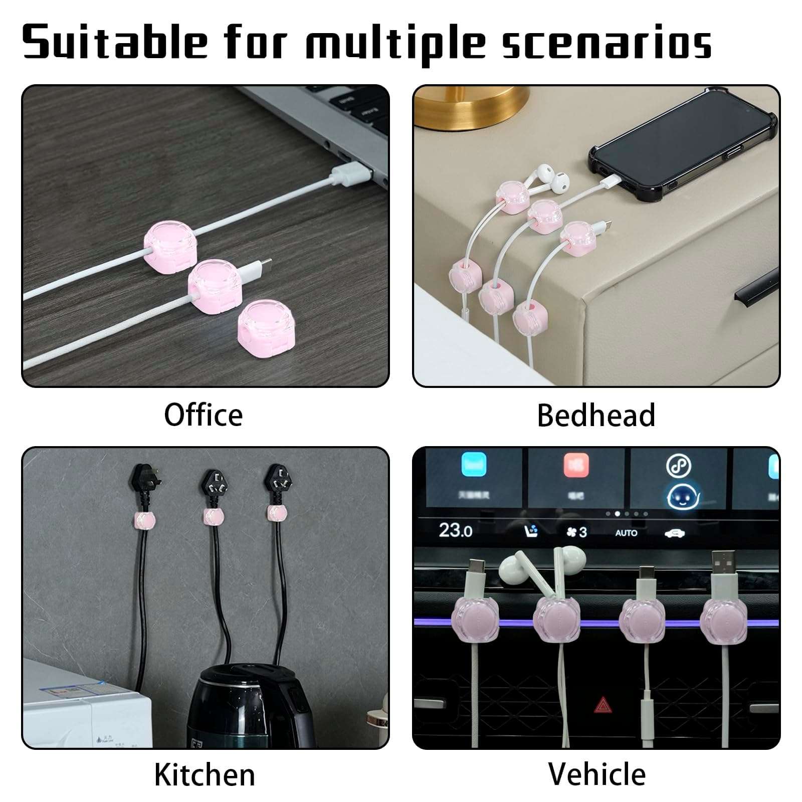 Yiaqa Magnetic Cable Organizer Set, 8 Pcs Easy Adhesion Desk & Wall Mount Holders for Mobile Phones and USB Cables, Perfect for Office, Kitchen, Car, and Bedside Use (Pink) 4