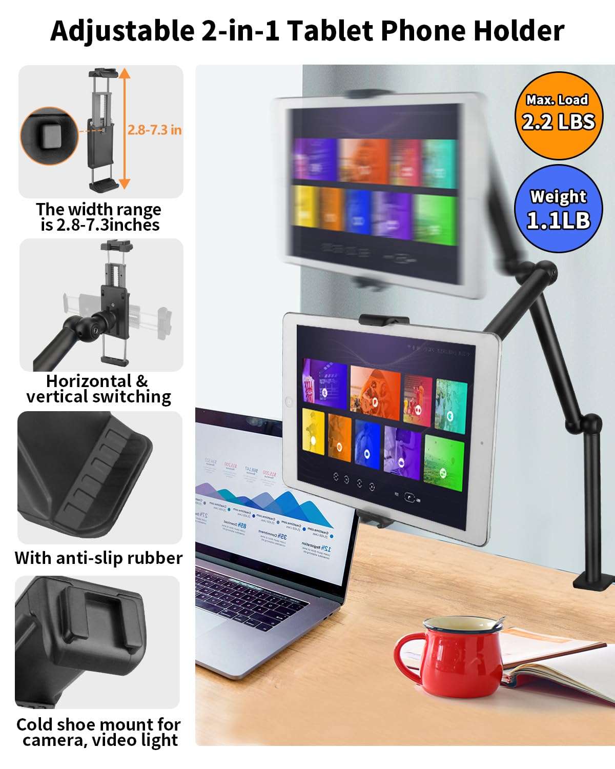 HEMMOTOP Magic Arm Desk Mount/Clamp, 28" Adjustable Camera Arm for iPad, Overhead iPhone Mount, for Yeti Snowball Microphone, Light, Webcam, Action Camera AS05 3