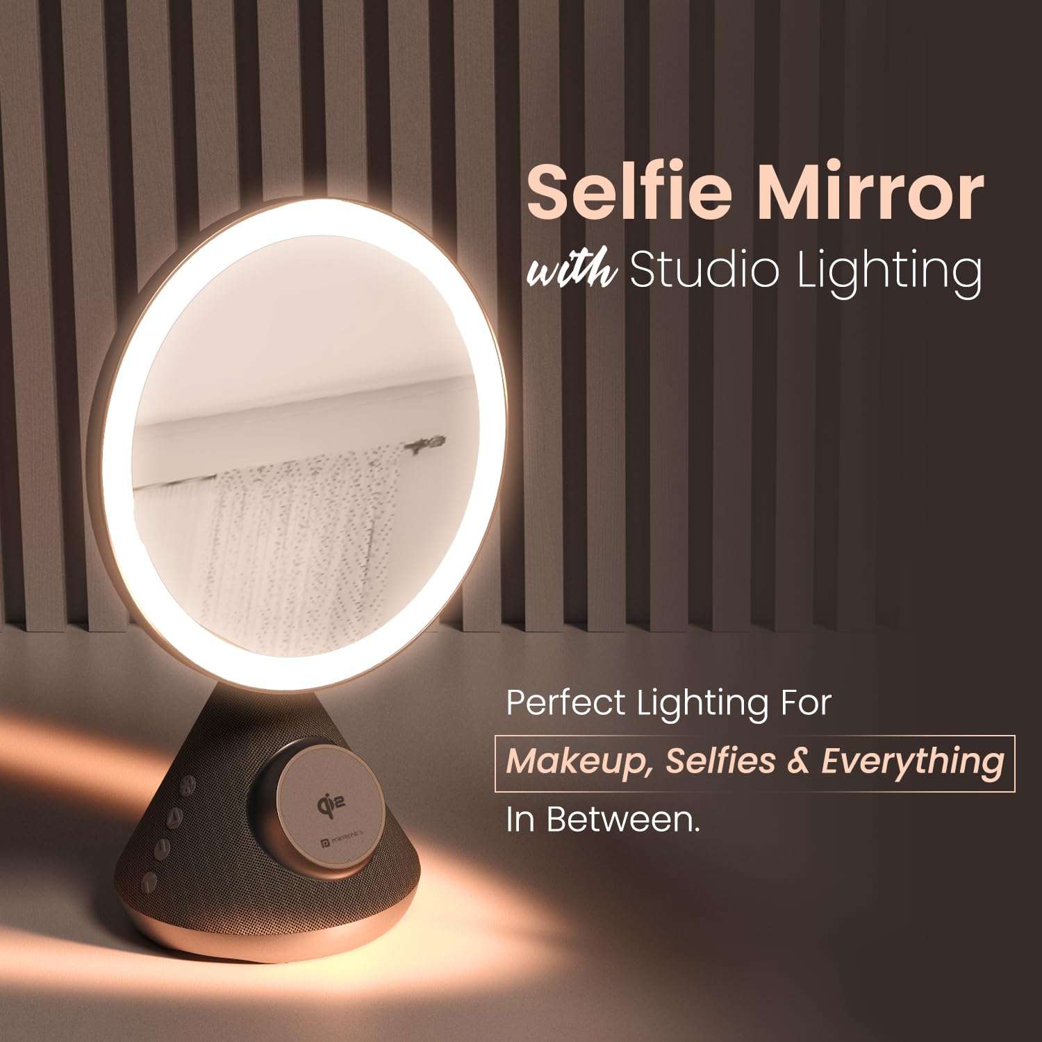 Portronics MOVO 3 in 1 Wireless Charger with 5W Bluetooth Speaker & Makeup Mirror, Qi2 Certified 15W Wireless Charging, 3 LED Lights with Adjustable Intensity, 90° Adjustable Mirror, Type C Input 4