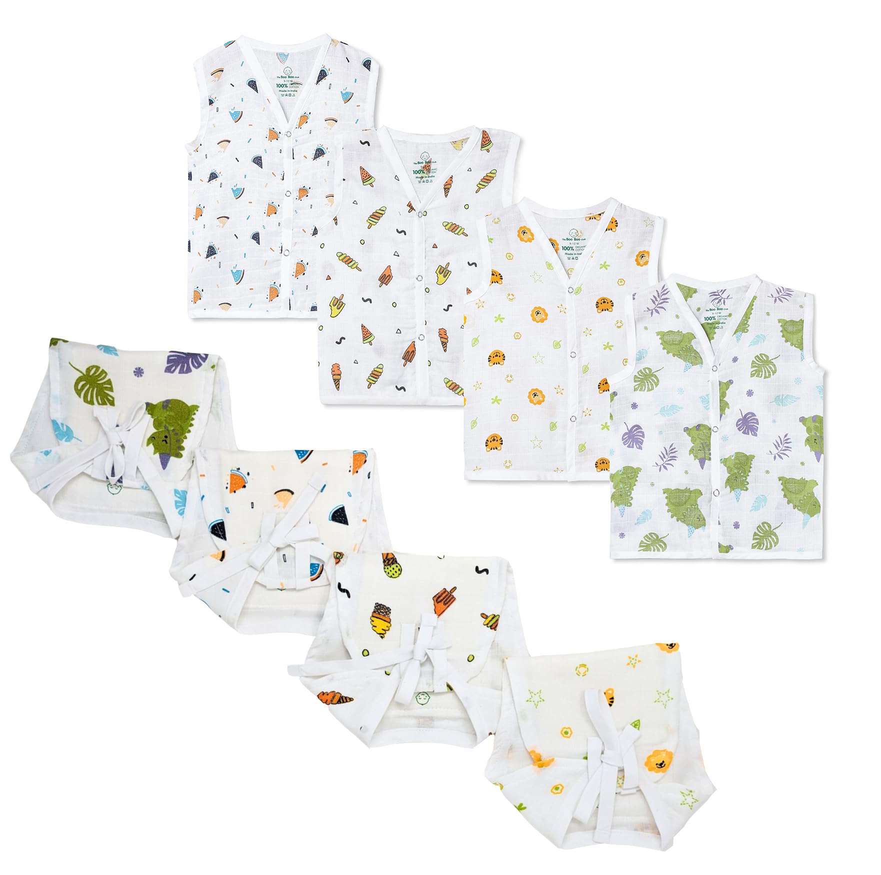 The Boo Boo Club 100% Muslin GOTS certified Organic Cotton Button Jhabla and Nappy Set | Perfect for Summer | Sleeveless Vest | Summerwear Jhabla Langot | 0 to 3 Months | Pack of 4