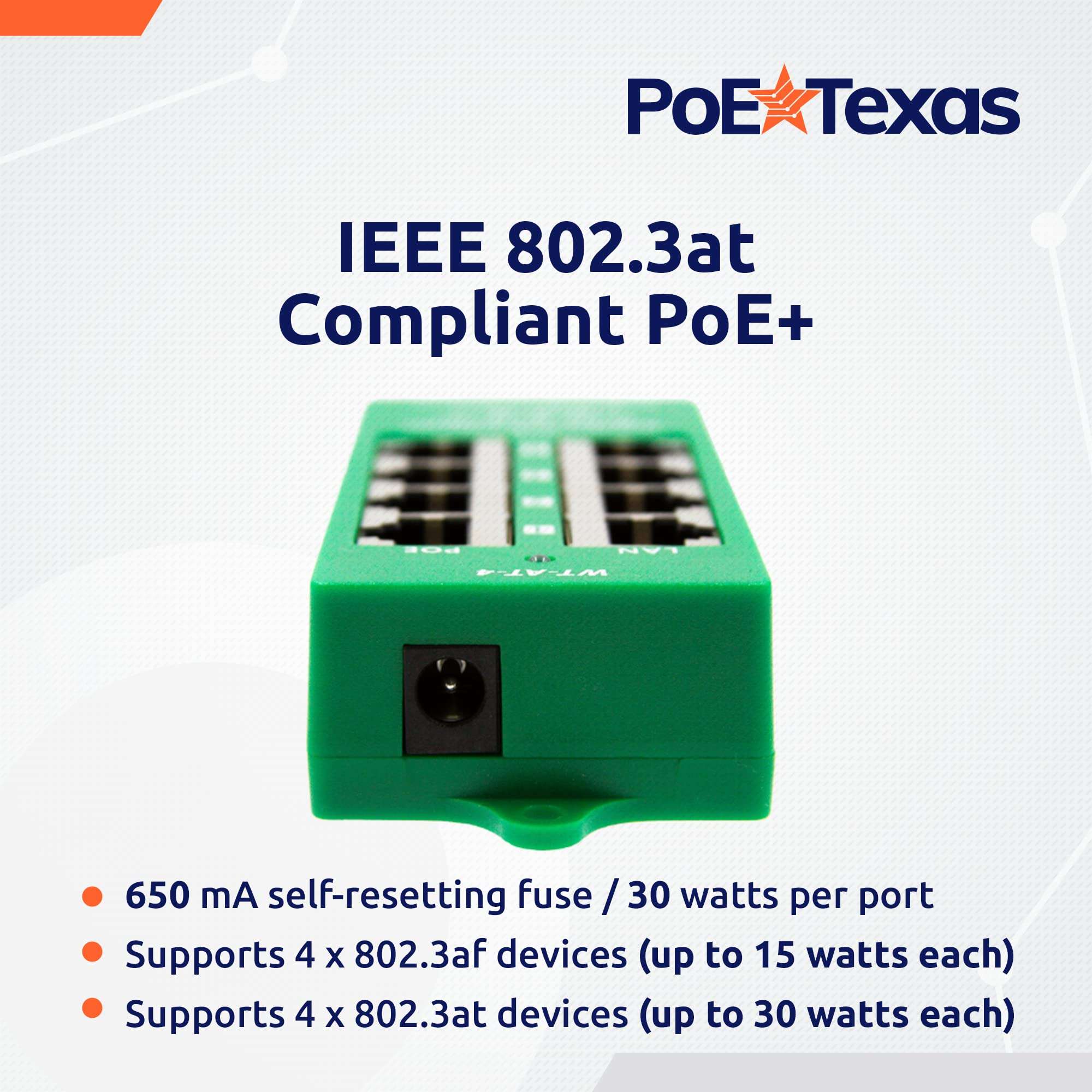 PoE Texas 4 Port PoE/PoE+ Injector with 56V 120W Power Supply - Gigabit Injector - Active Mode A Power Over Ethernet Multi Port PoE Adapter - Supports 4 PoE (802.3af or at) up to 120 watts 3