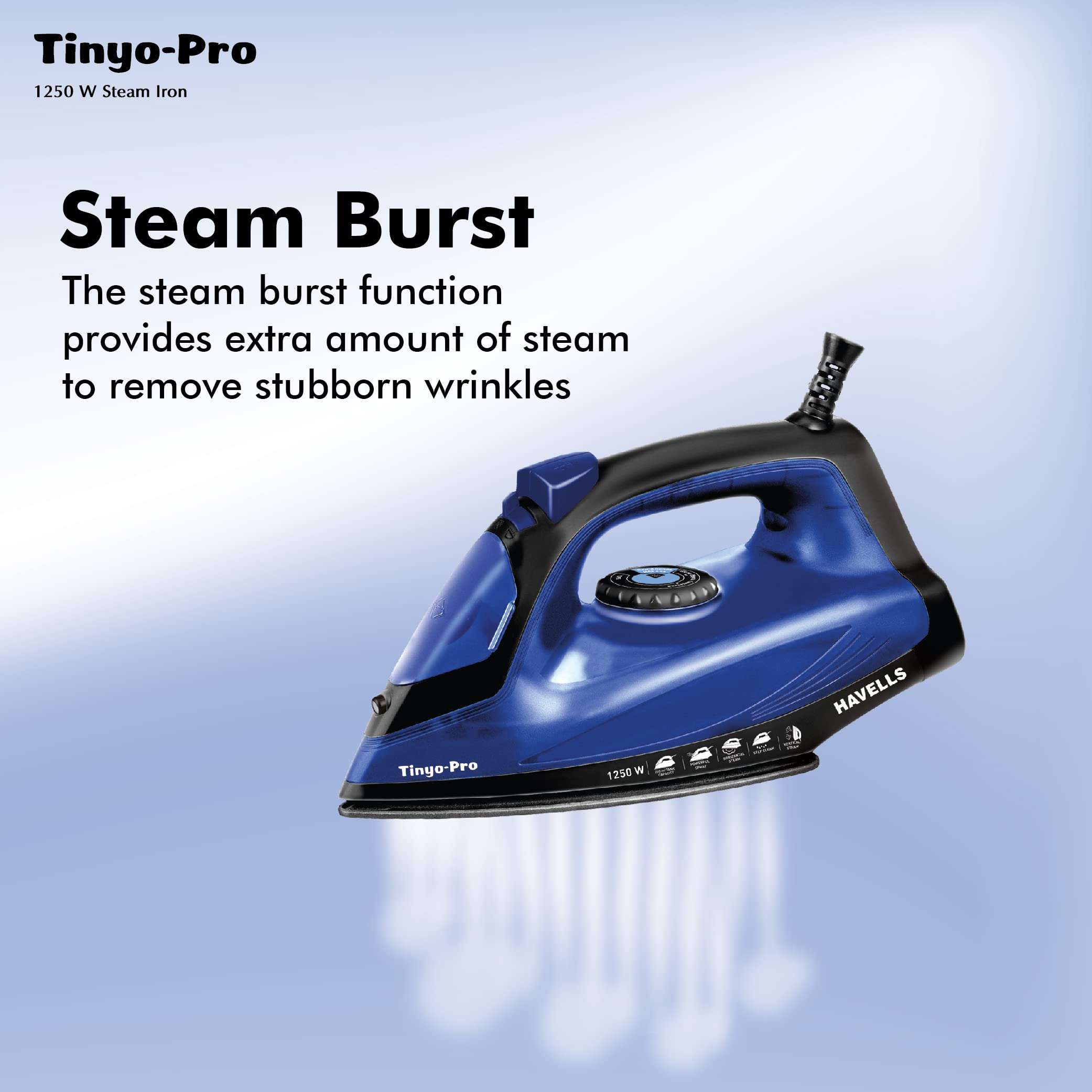 Havells Tinyo Pro 1250 Watt Steam Iron Press with Powerfull Steam Spray | Horizontal & Vertical Steaming Function | Self Clean | 2 Years Warranty (Blue) 4