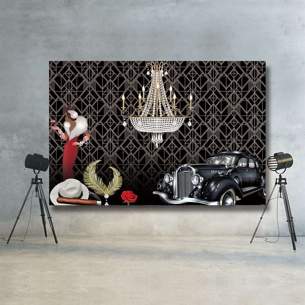Rarcoirs Roaring 20s Photography Background The Great Gatsby Party Backdrop Vintage Happy Birthday Decoration Gangster Prom Props 20’s Bday Banner Decoration 71X47inch 4