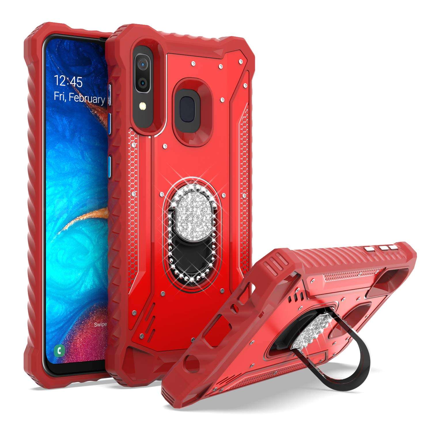 EnCASEs 2 in 1 Cell Phone Case with Bling CZ Rhinestone Kickstand for Samsung Galaxy A20 / A30 / A50, Aluminum Evolve Metal Jacket Hybrid Case, Shockproof Bumper Case, Red 1
