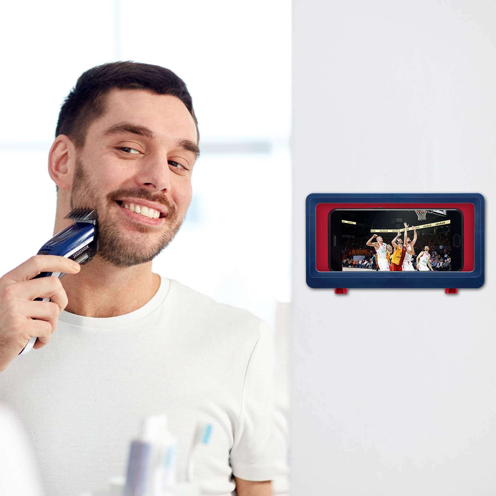 2 Pieces Waterproof Wall Mount Shower Phone Holder Bathroom Phone Storage Case Shelf Adhesive Shower Phone Box for Bathroom Mirror Bathtub Kitchen, Blue and White 5