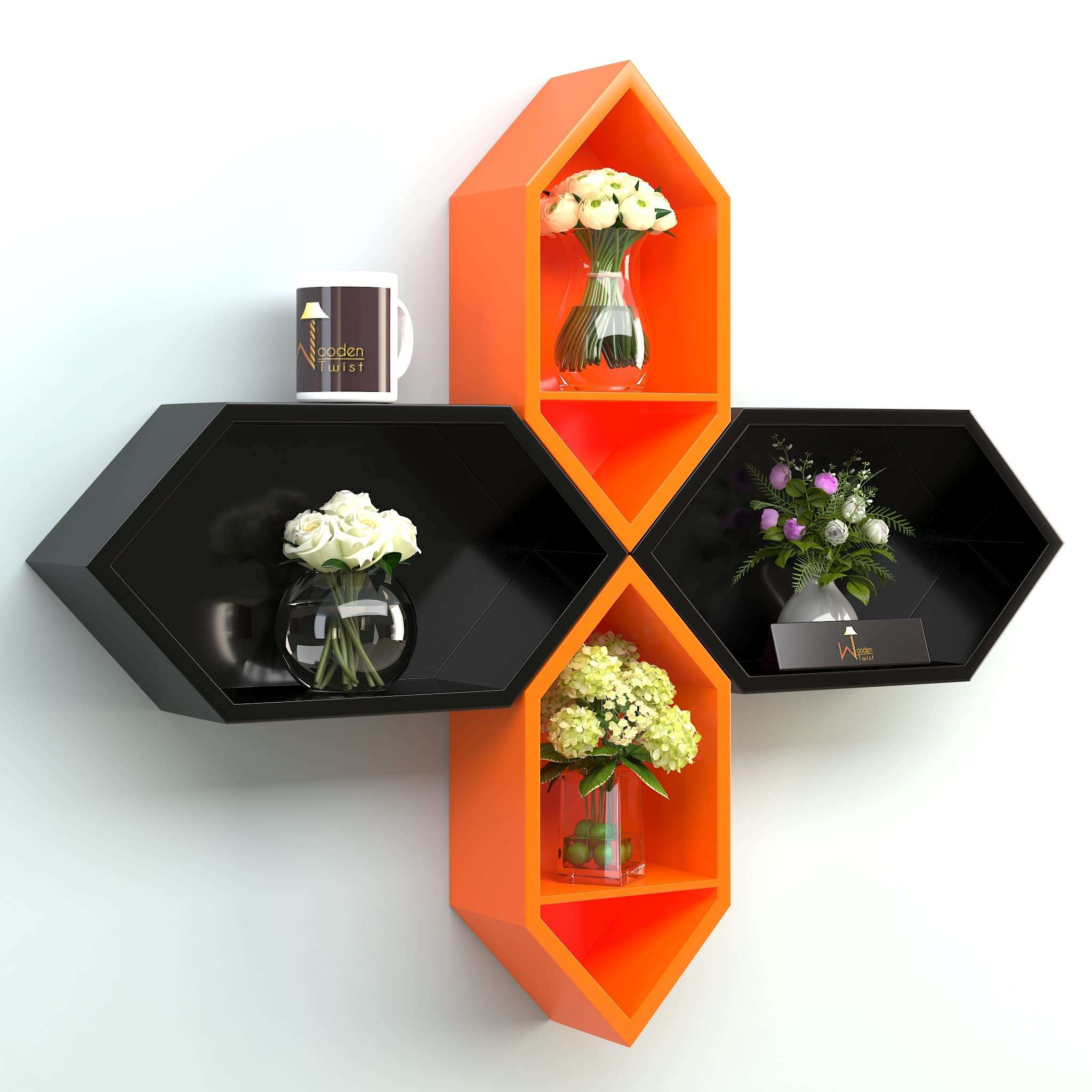 Amazon Brand - Umi Wooden Pared Pentagon Floating Wall Shelf with 4 Shelves (Black & Orange) 3