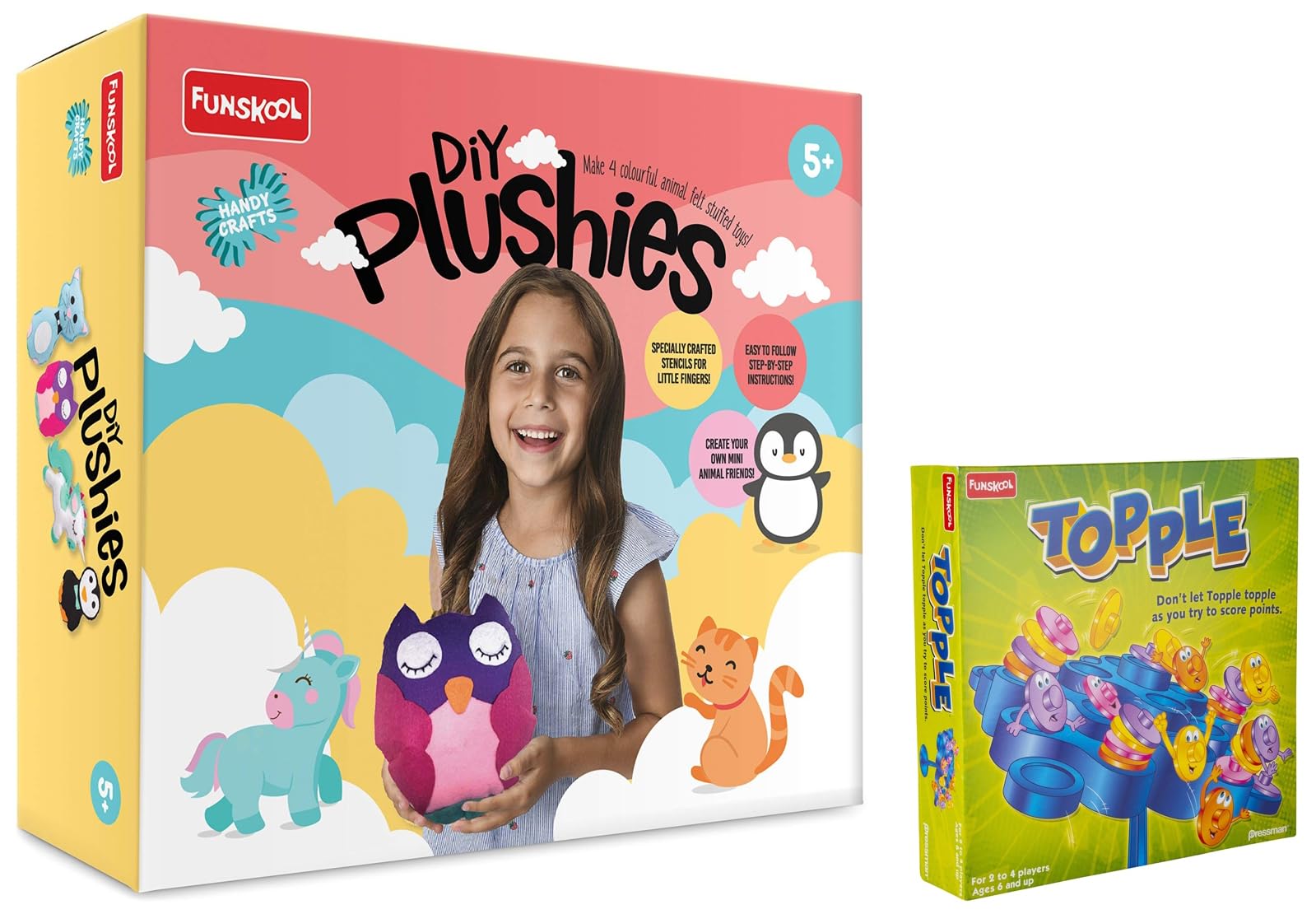 Handycrafts - DIY Plushies, Soft Toy Maker, Make Your own Stuffed Animal & Funskool Games - Topple, Strategy Balancing and Skill Game, Stack 5 in a Row - Multicolor