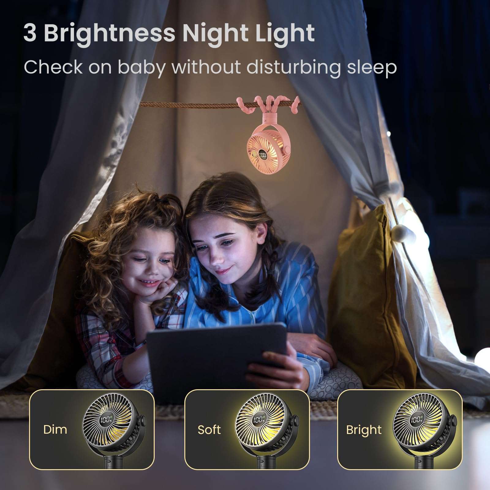 Coohea Portable Stroller Fan, 4000mAh Rechargeable Clip on Baby Fan 25H Battery Life, Head Detachable 360° Rotate Mini Fans, 4 Speed Personal Fans with Night Light for Car Seat Crib Bike Treadmill 6