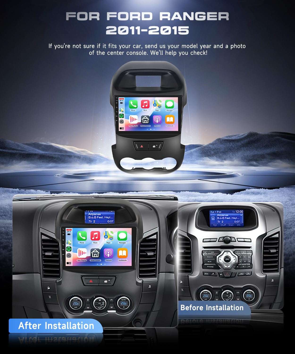 4G+64G Android 15 Car Stereo for for Ford Ranger F250 2012-2015 with Wireless Carplay Android Auto, 9 Inch 1280 * 720 Touch Screen GPS/WiFi/Bluetooth 5.0/ FM/32EQ/ SWC/Backup Camera 3