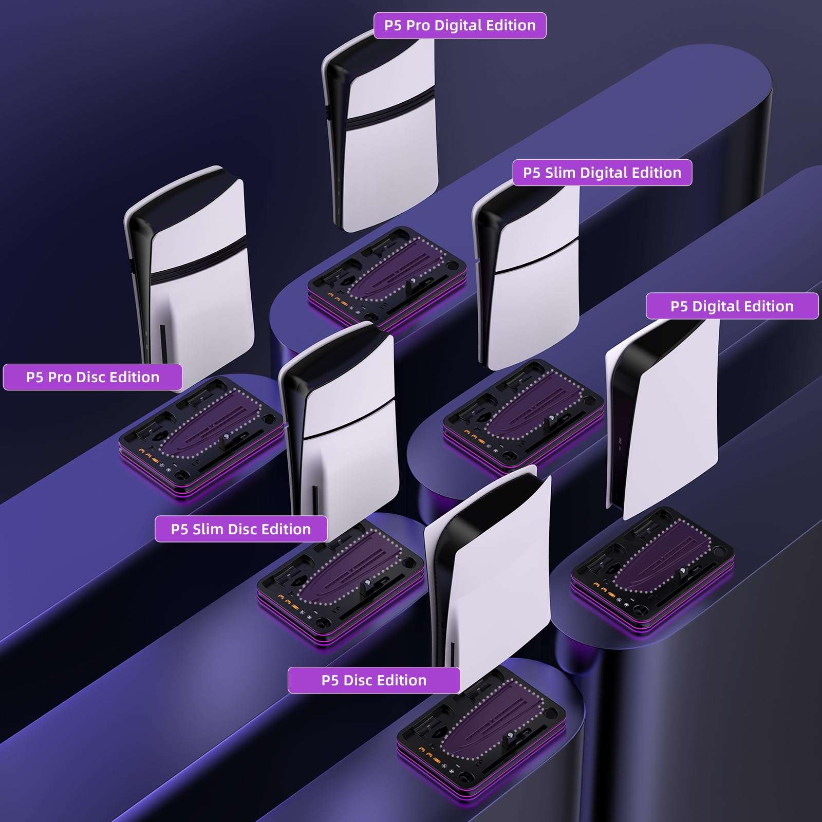 JDDWIN PS5 Pro / PS5 Slim/Stand and Cooling Station with LED Controller Charging Station PS5 Slim/Pro Horizontal Stand for Disc & Digital Editions Console 5