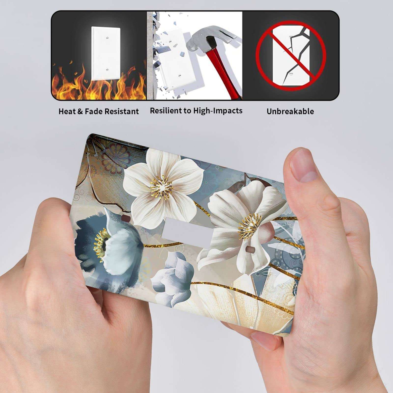 Flower 1-Gang Single Toggle Wall Plate Decorative Light Switch Cover for Kitchen Bedroom Bathroom Farmhouse Switches Faceplate White Blue 6