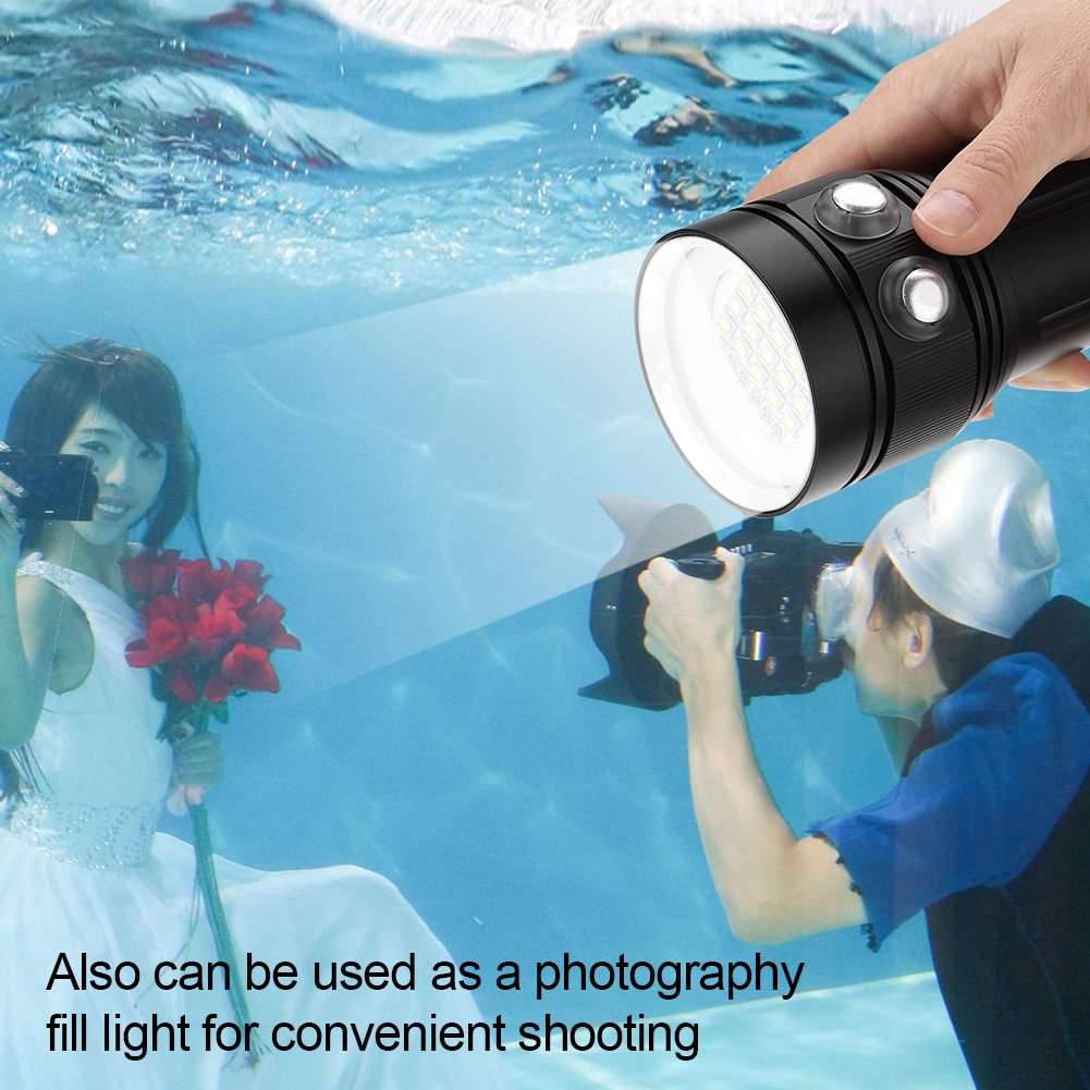 Ymiko Diving Flashlight 12000LM Underwater Light IPX8 Waterproof, 7 Lighting Modes, Range 300-500 Meters, Underwater 80M Flashlight for Diving Video Photography Activities 5