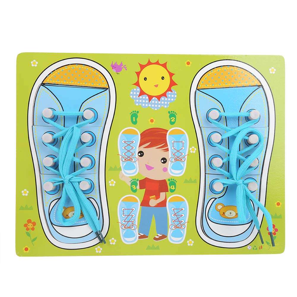 Children Learning Tie Shoes Toy, Kids Baby Wood Lacing Shoe Wooden Dress Learning Wear Educational Toy Gift(Green) 1