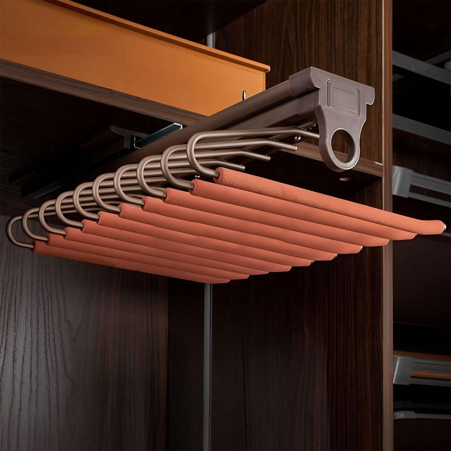 VOLO Soft Close Pull Out Pants Rack – Top Mounted Trouser Rack, Smooth Slide-Out Clothes Organizer for Wardrobe, Heavy Duty Mild Steel, 25 Kg Load Capacity, Brown Mocha, 18 Inch