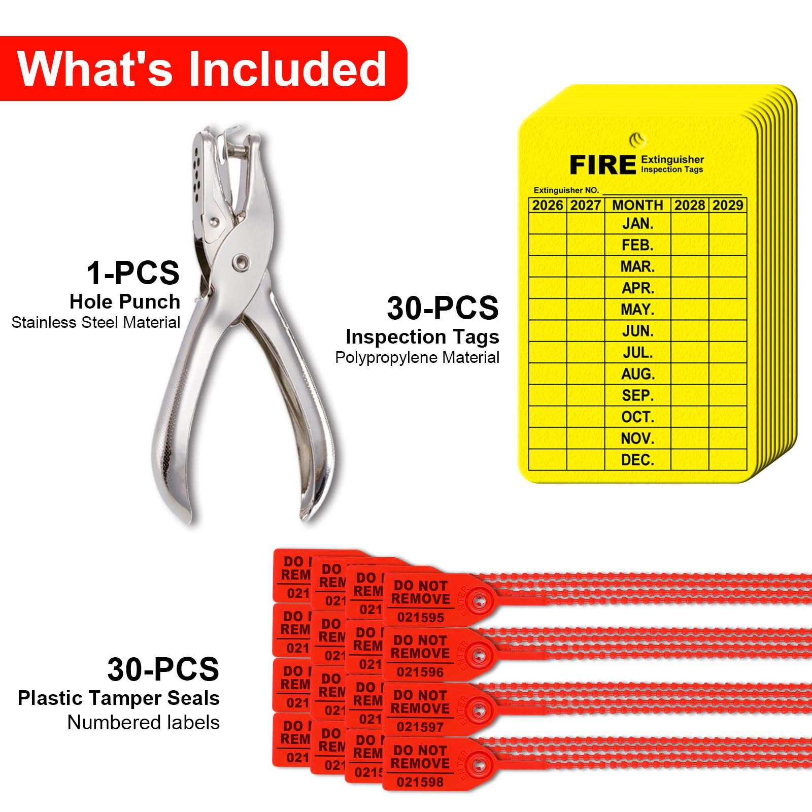 30 Sets Fire Extinguisher Tags Monthly Inspection Tear-Resistant Numbered Plastic Tamper-Evident Cable Ties Easy to Punch Includes Handheld Hole Puncher- Red 5