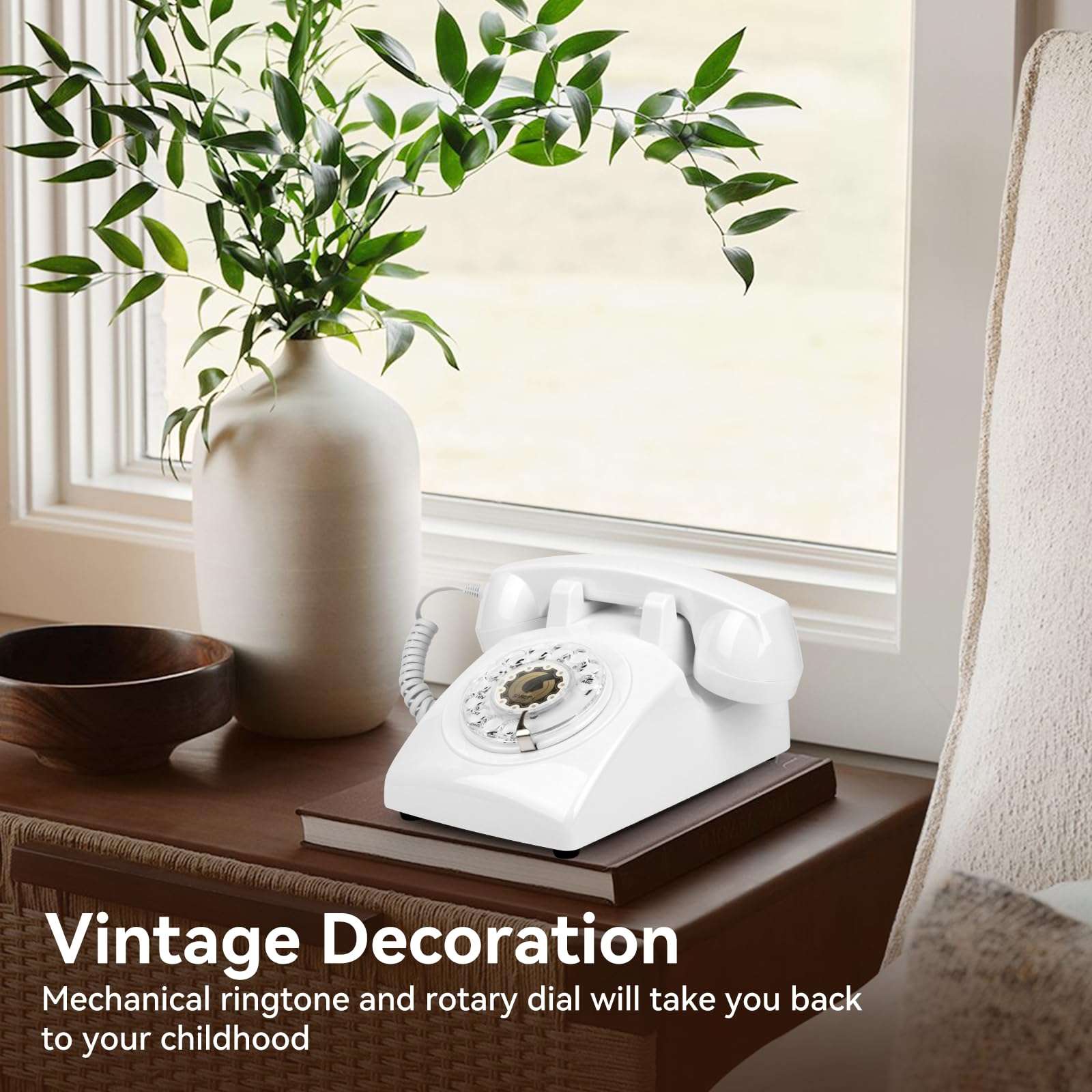 Sangyn Vintage Rotary Phone 1960s Retro Landline Telephone Old Fashioned Corded Phones with Mechanical Ringer for Home Office Desk,White 6