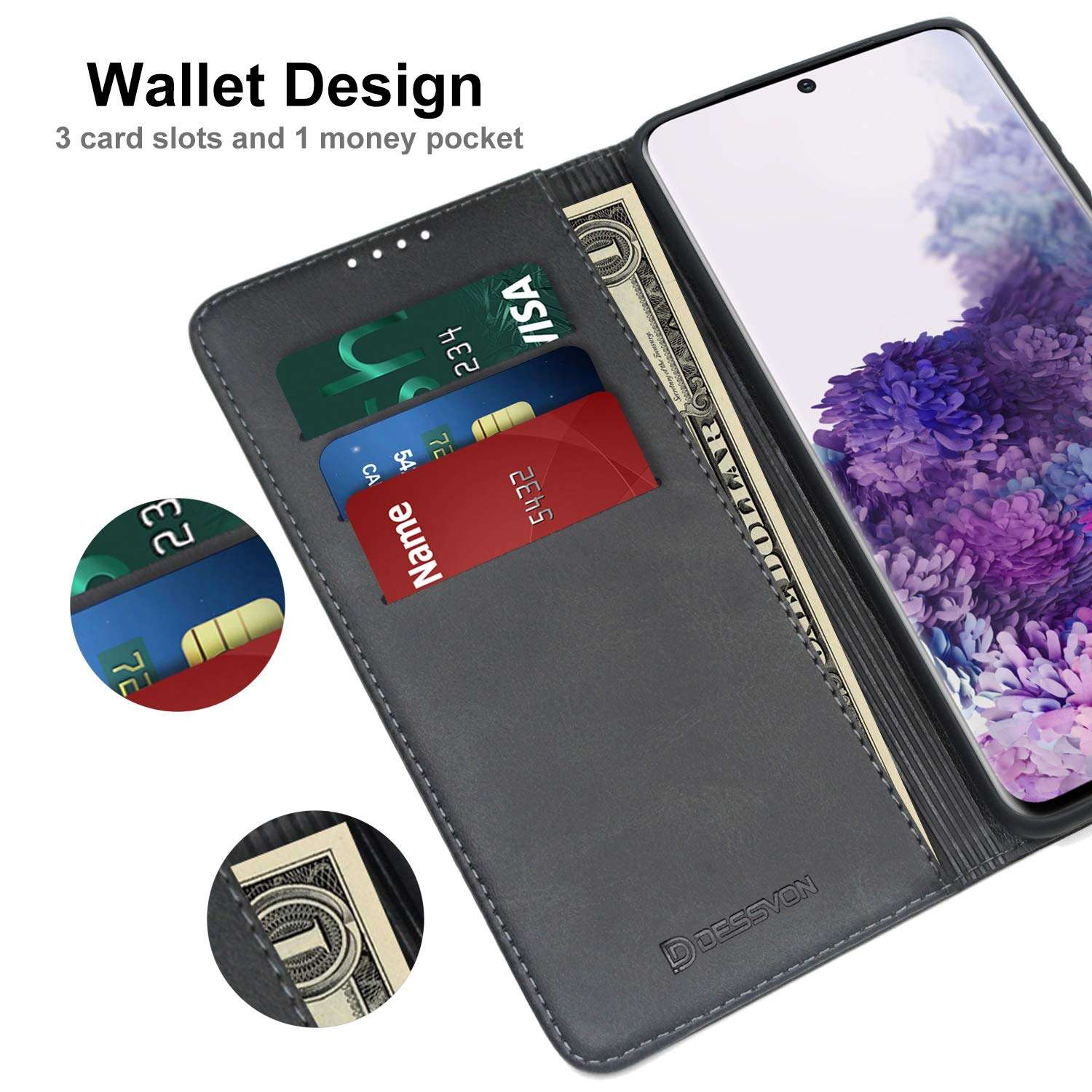 D DESSVON Samsung Galaxy S20 Case Wallet Black, Galaxy S20 Case with Card Holder Kickstand, Strong Magnet No Buckle Business Style Flip Leather Protective Phone Case Cover for Samsung Glaxy S20 3