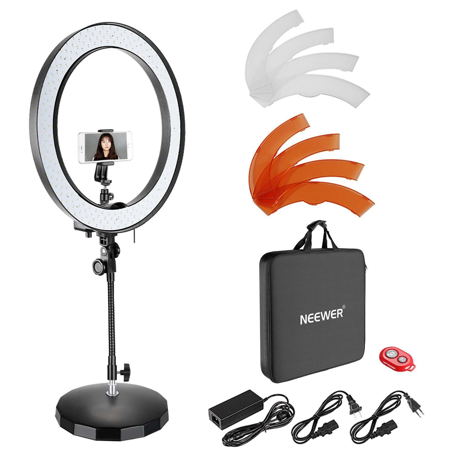 Neewer 18-inch Outer Dimmable Bi-Color SMD LED Ring Light with Flexible Tube Arm, Weighted Metal Base, Diffuser, Phone Holder and Color Filter for Photo Studio Portrait Video Shooting (US/EU Plug) 1