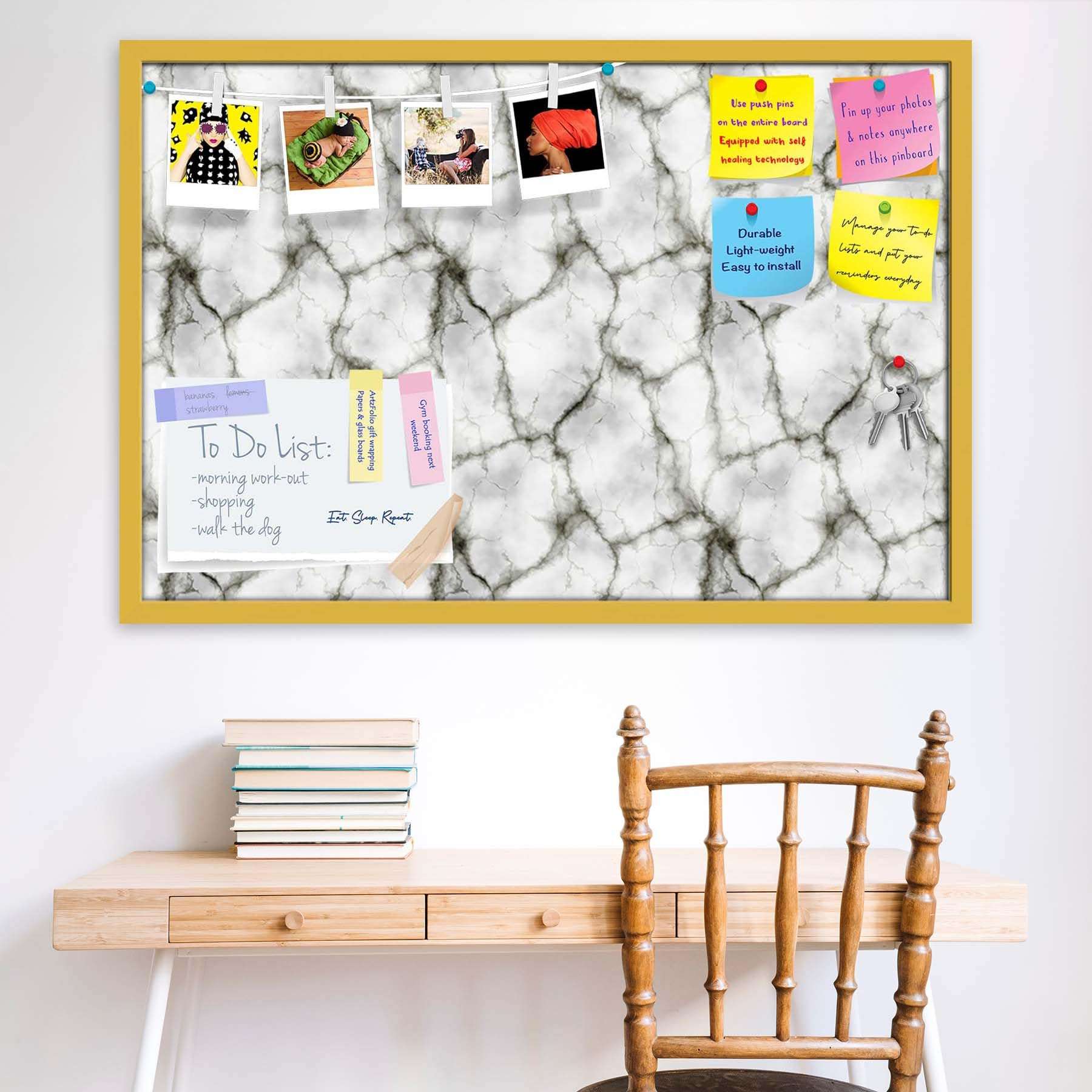 ArtzFolio Abstract Marble Art D3 | Bulletin Board Notice Pin Board | Vision Soft Board Combo with Thumb Push Pins & Sticky Notes | Golden Frame | 24 x 16 inch (61 x 41 cms) 3