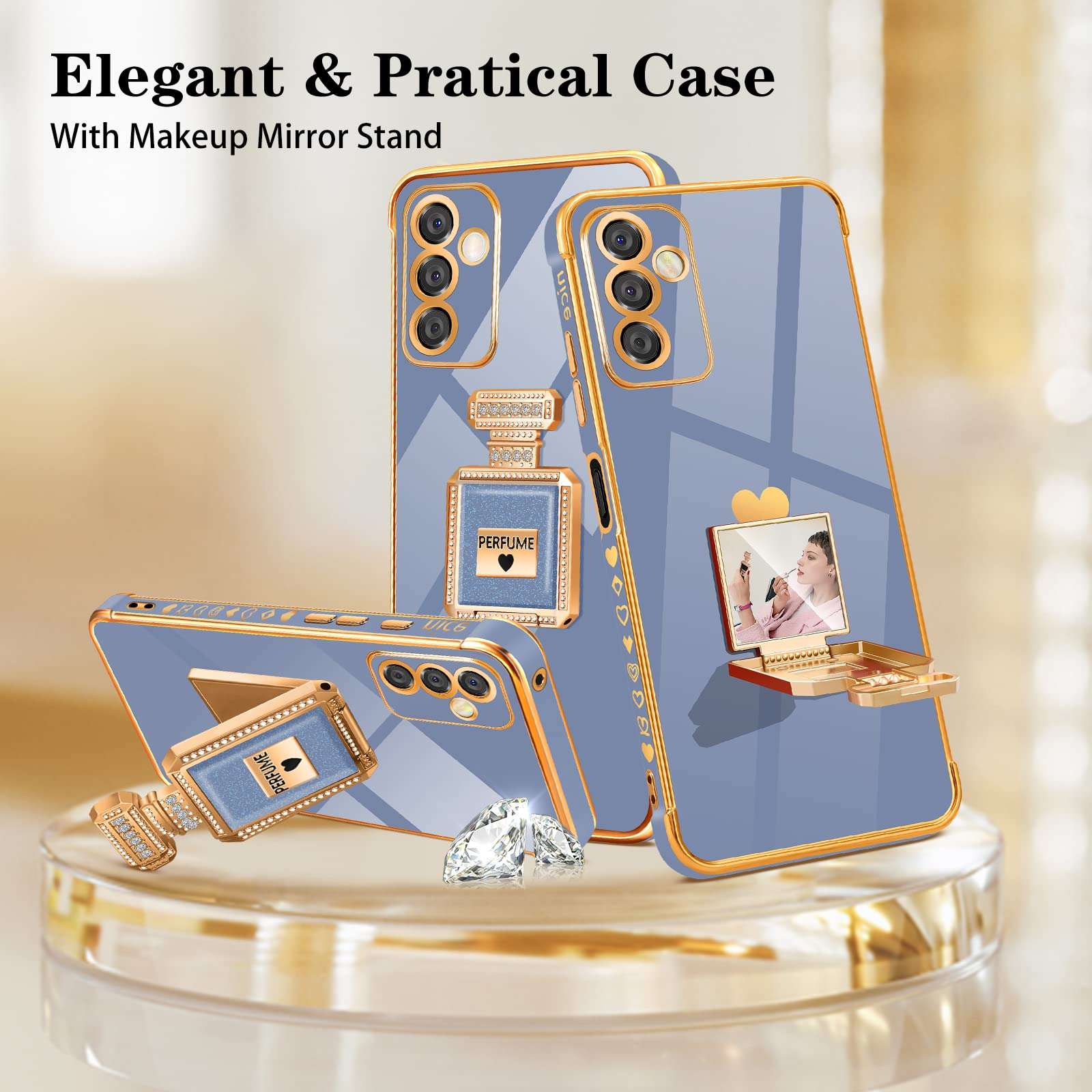 Buleens for Galaxy A13 5G Case with Metal Perfume Bottle Mirror Stand, Cute Women Girly Heart Cases for Samsung Galaxy A13 5G Case, Elegant Luxury Phone Cover for Samsung A13 5G Case 6.5'' Dark Blue 6