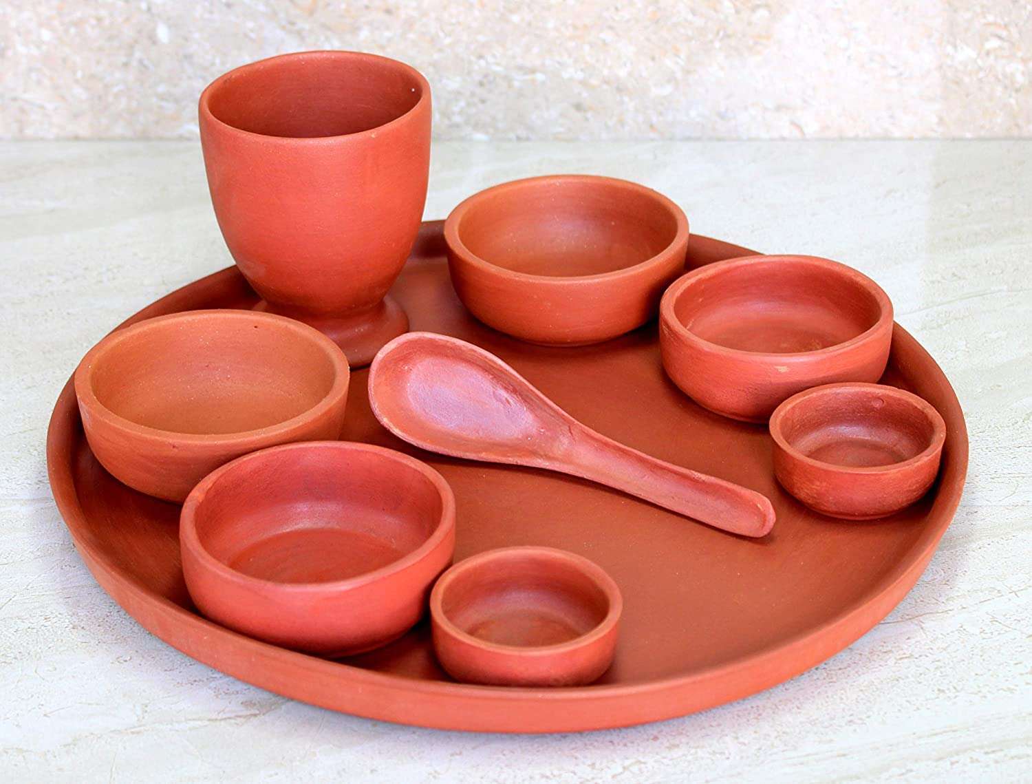 THE HIMALAYA CRAFT Clay Dinner Set with Serving, Spoon, Bowls and Glass Diner Set Pack of 9 1