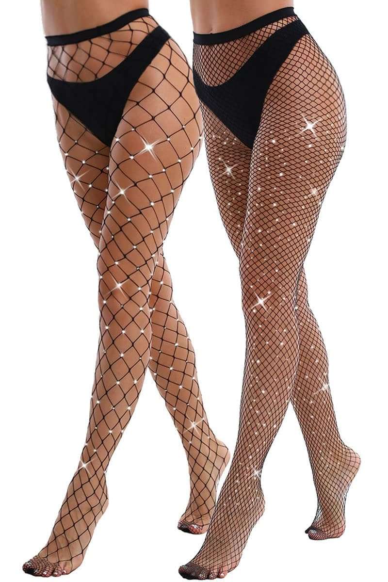 VEBZIN 2 Pack Sparkly Large And Medium Mesh Black Fishnet Tights Glitter Rhinestone Fishnets Leggings Stockings for Women 1