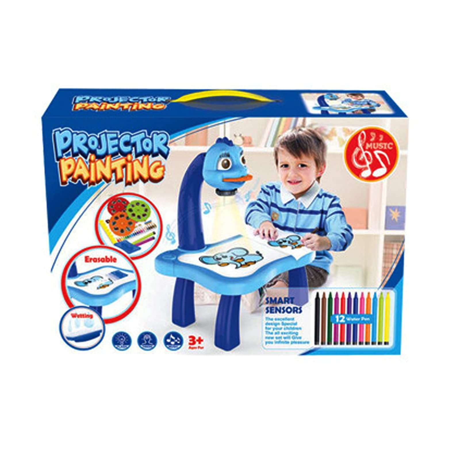 ZICRIC Projector Painting Set for Kids, Educational Early Learning Projection Drawing Table, Trace and Draw Projector Toy with Light & Music, Graffiti Children Projection Drawing Board, Blue 3