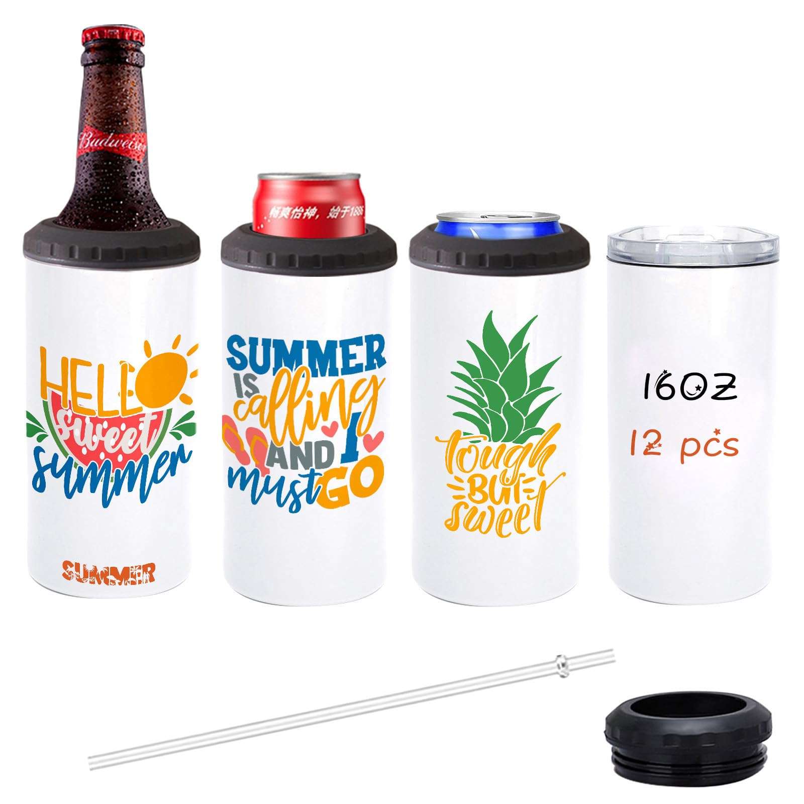 Lilsofee 12 Pack 16 oz Sublimation Blank Tumblers Skinny 4 in 1 Can Cooler with 2 Lid Stainless Steel Double Wall Insulated Beer Bottles Coolers Slim Can Holder for Drinks 1