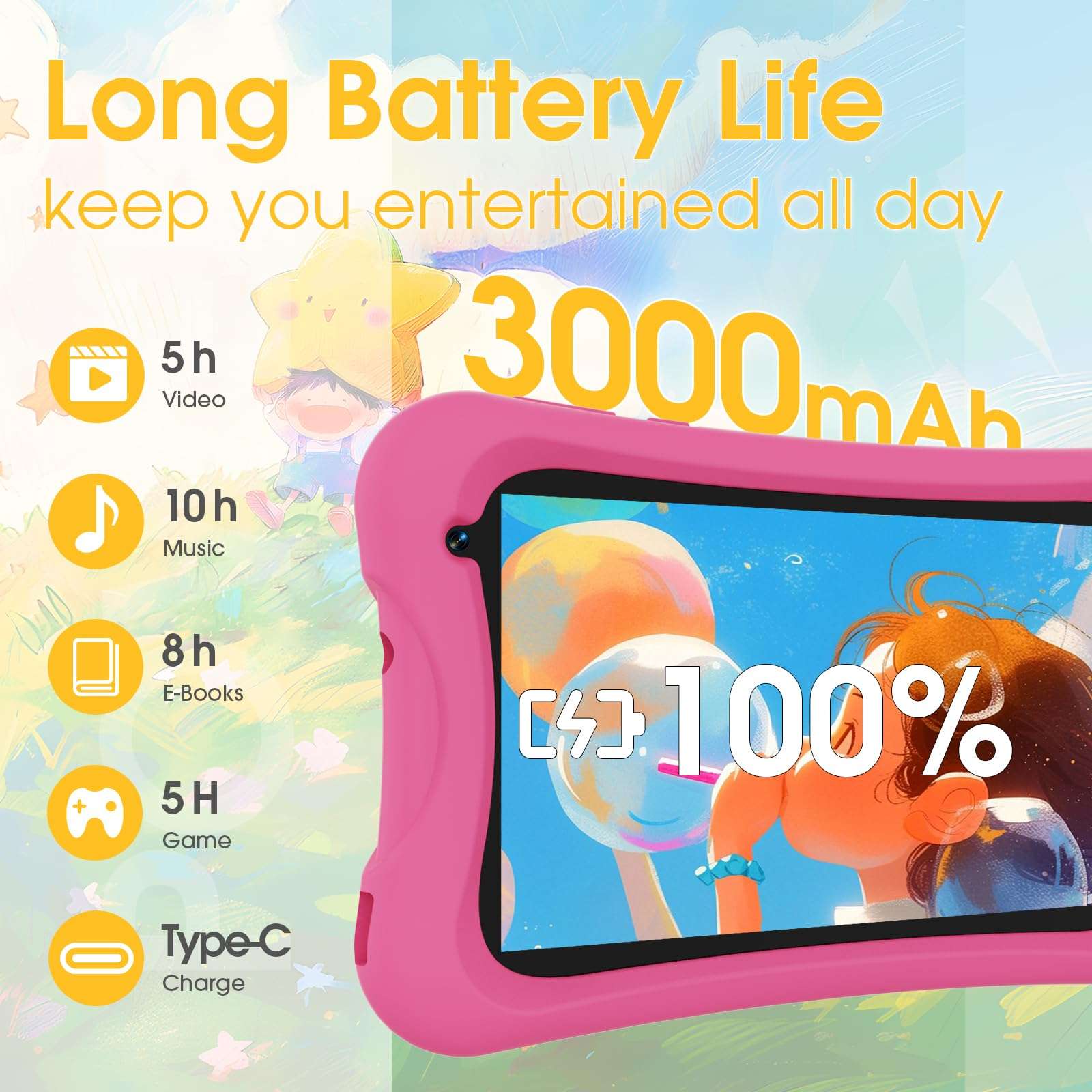 Digliand 7" Android Kids Tablet, Android 13, Quad-core Processor, 4GB+32GB, Pre-Installed Educational Apps, 2MP+5MP Dual Cameras, 3000mAh Battery, Shockproof Protective Case (Pink) 5