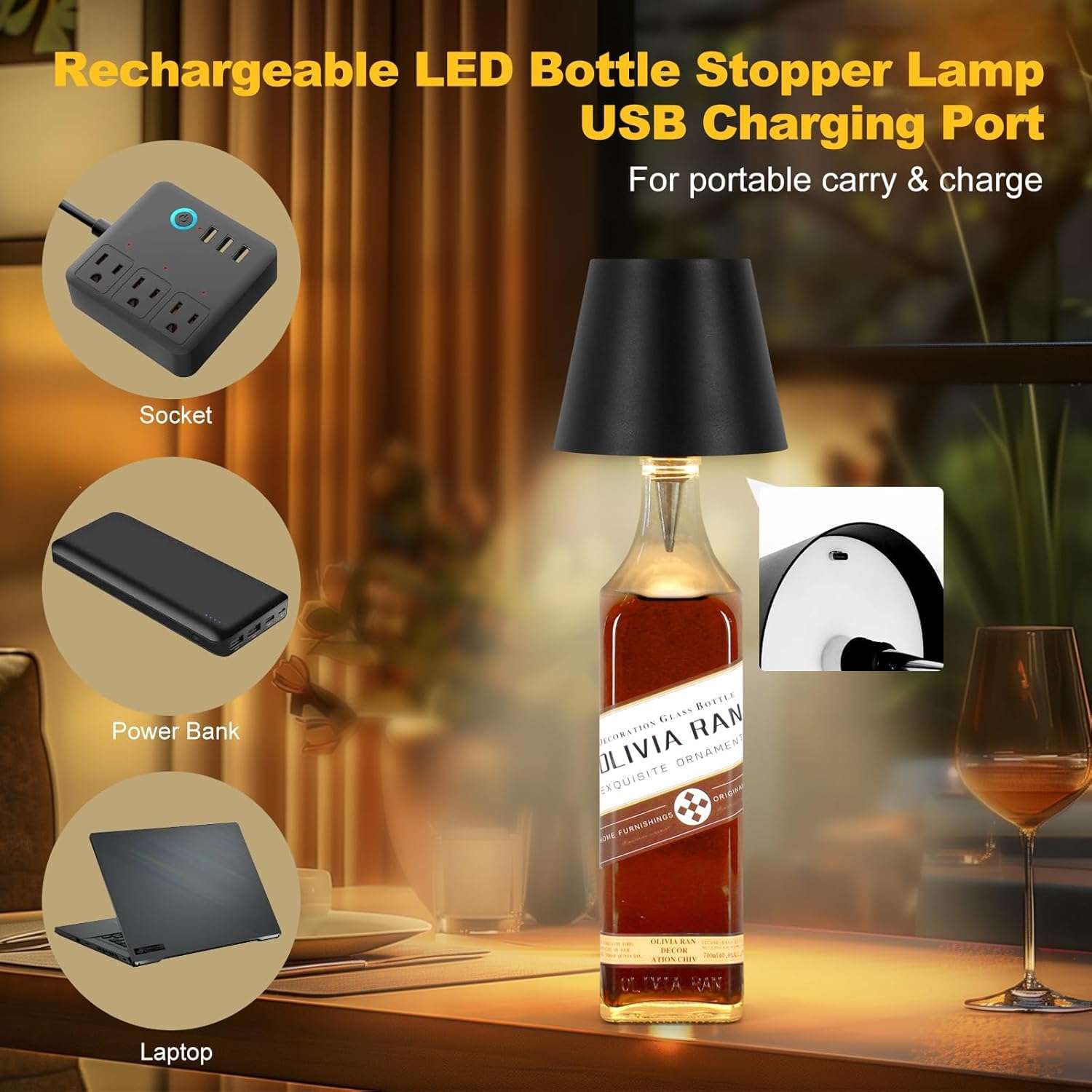 XERGY Wireless LED Bottle Lamp – USB-C Rechargeable, 3-Color Dimmable Touch Light for Liquor Bottles, Bedside, Home & Bar Decor (Bottle Not Included) 4