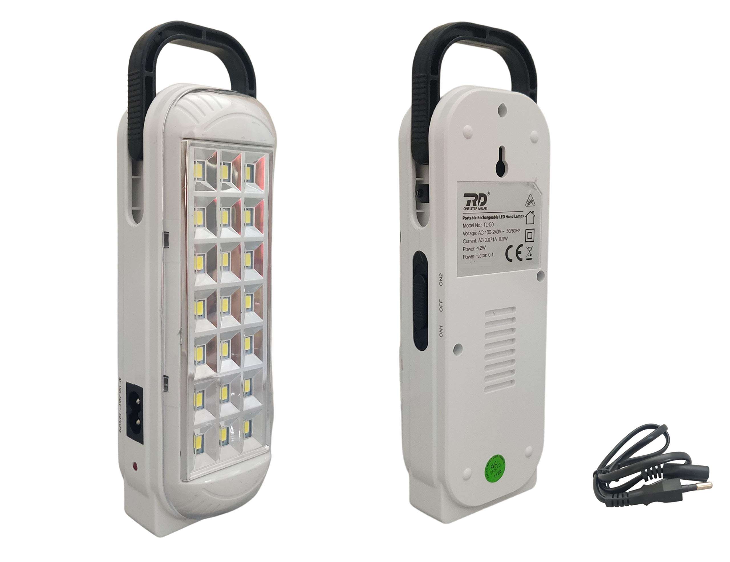 RD TL-50 1300mah Portable Rechargeable Hand LED Light Lamp Emergency Light with 2 Light Settings and a Charging Wire for Indoor and Outdoor 1