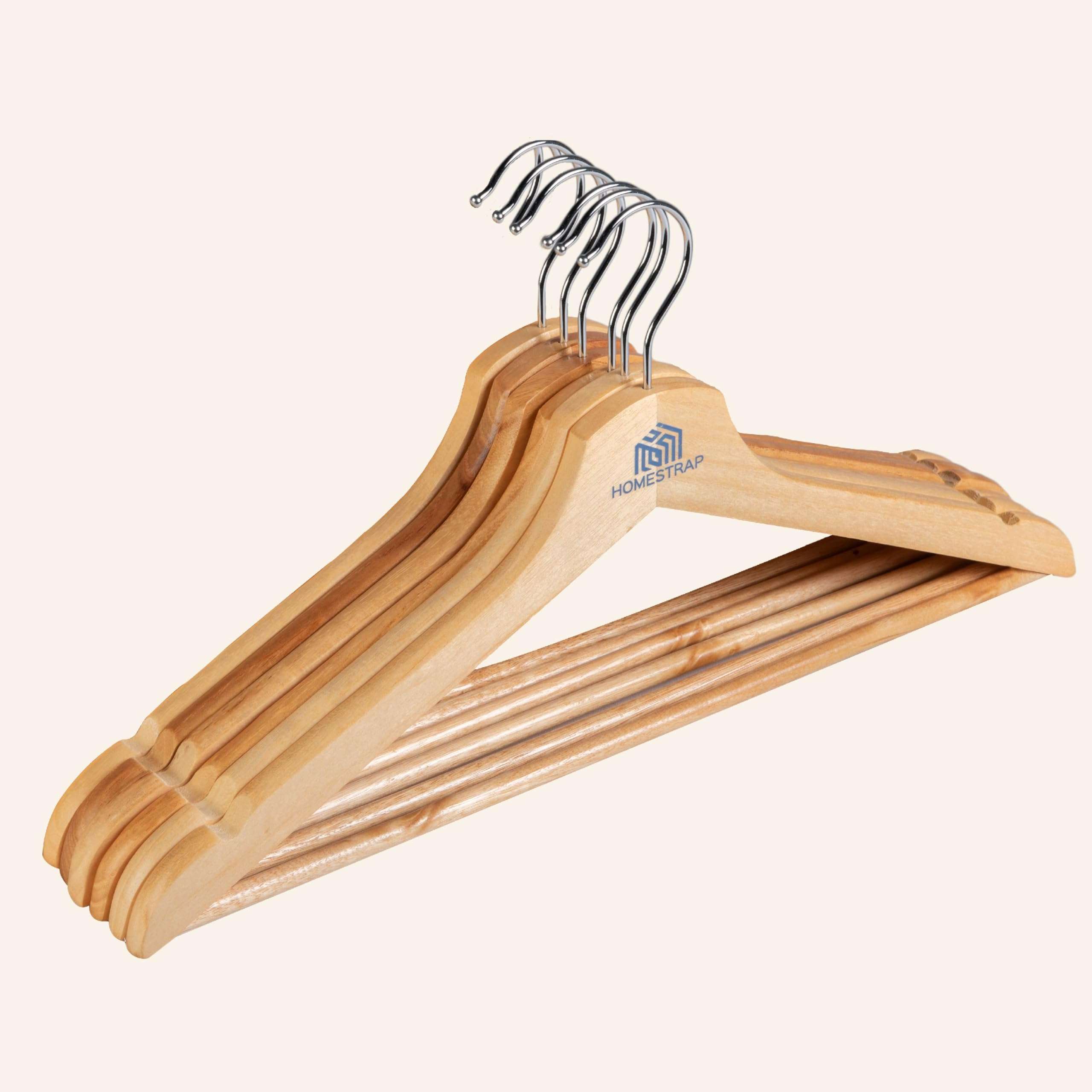 Homestrap Premium Round Bar Wooden Hanger (Pack of 6)| Durable Wooden Garment Hangers with Cut Notches & 360 Degree Swivel Chrome Hook for Hanging Heavy Clothes 1