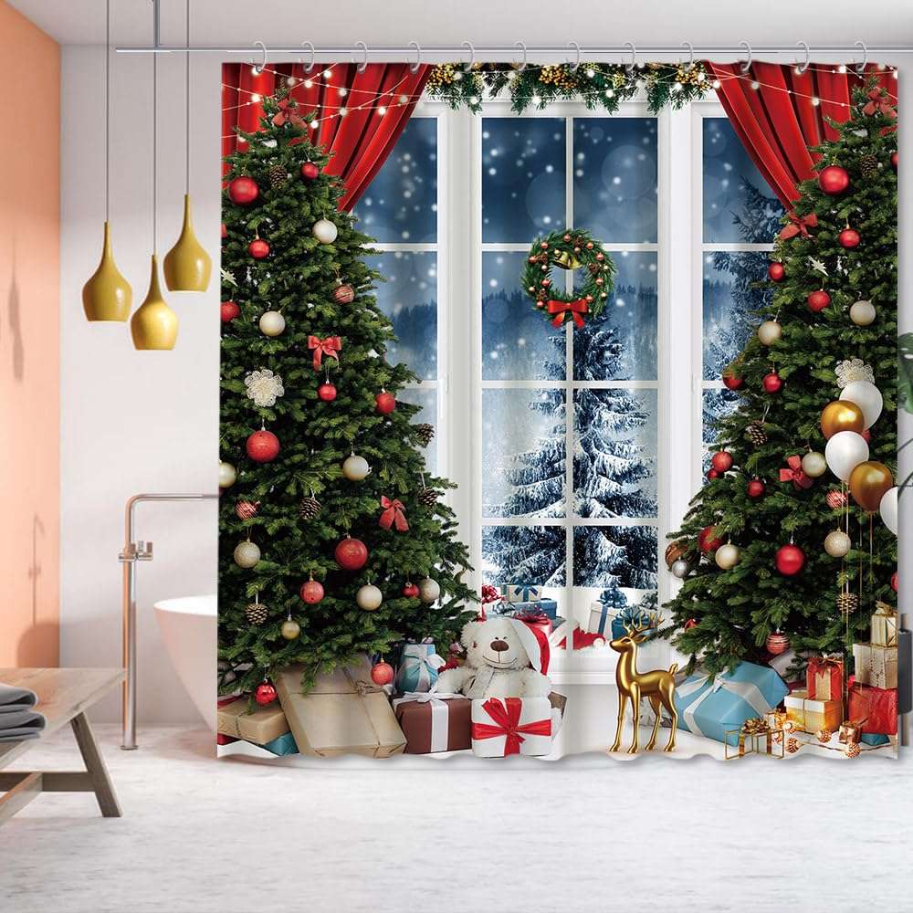 TOKTILIKT 72 x 72 Inches Christmas Tree Shower Curtain White Window Xmas Gifts Pine Snowy Bathroom Decoration Polyester Fabric Home Bathtubs Supplies 3