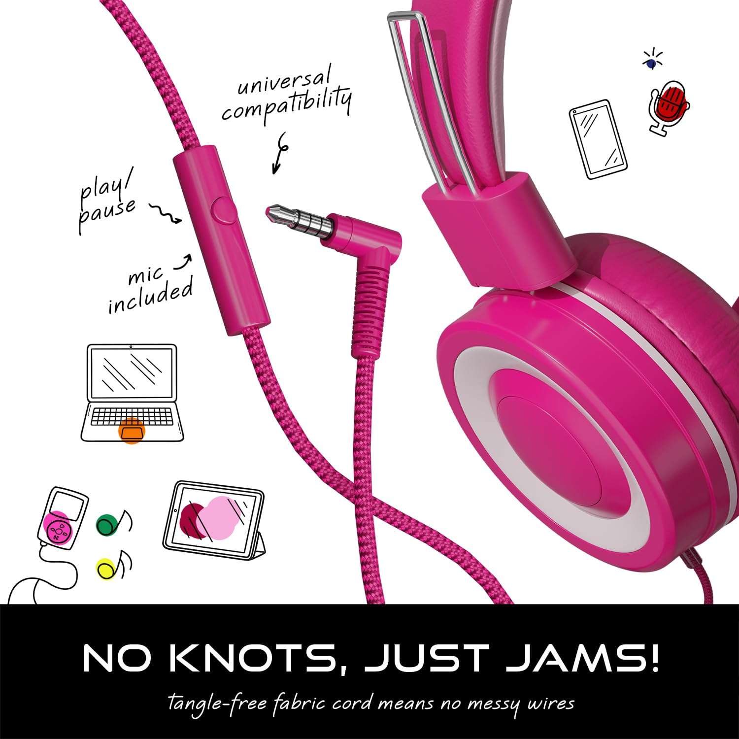 MYZI Kids Headphones with Cord, Foldable Over Ear Headphones for Kids with Microphone, Tangle-Free Wired 85dB Safe Volume Toddler Headphones for iPad, School, and Airplane – Pink 6