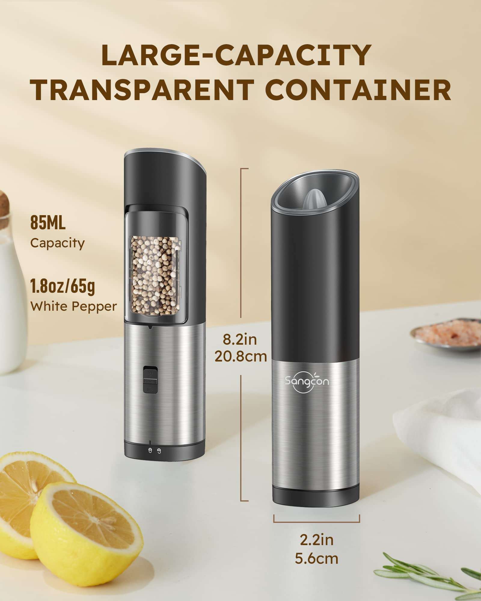 Sangcon Gravity Electric Salt and Pepper Grinder Set With Safety Switch, Battery Powered Salt Shakers Mill with LED Light, Adjustable Coarseness, One Hand Automatic Operation 3