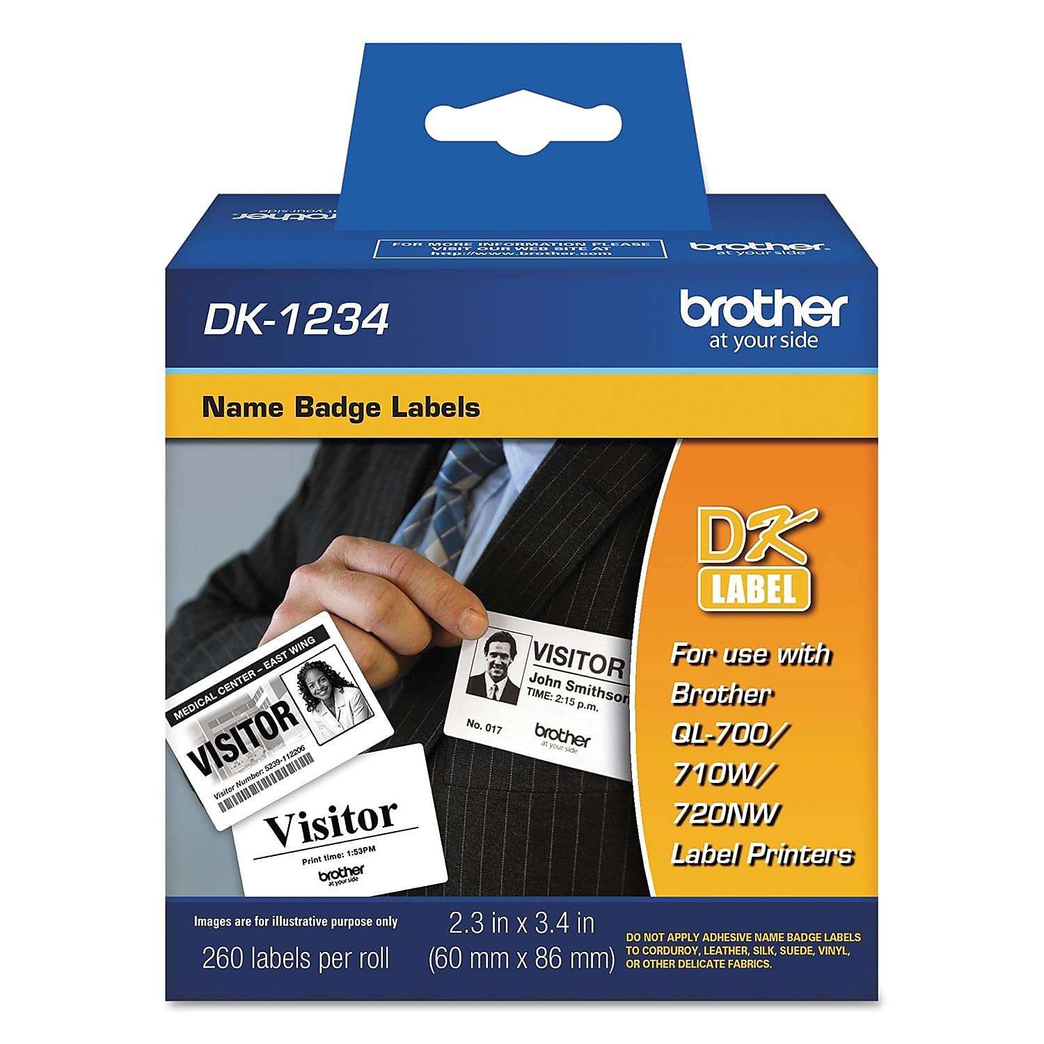 Brother Genuine DK-1234 Die-Cut Adhesive Name Badge White Paper Labels for Brother QL Label Printers, 2.3" x 3.4" (60mm x 86mm), 260 Labels per Roll, DK1234 3