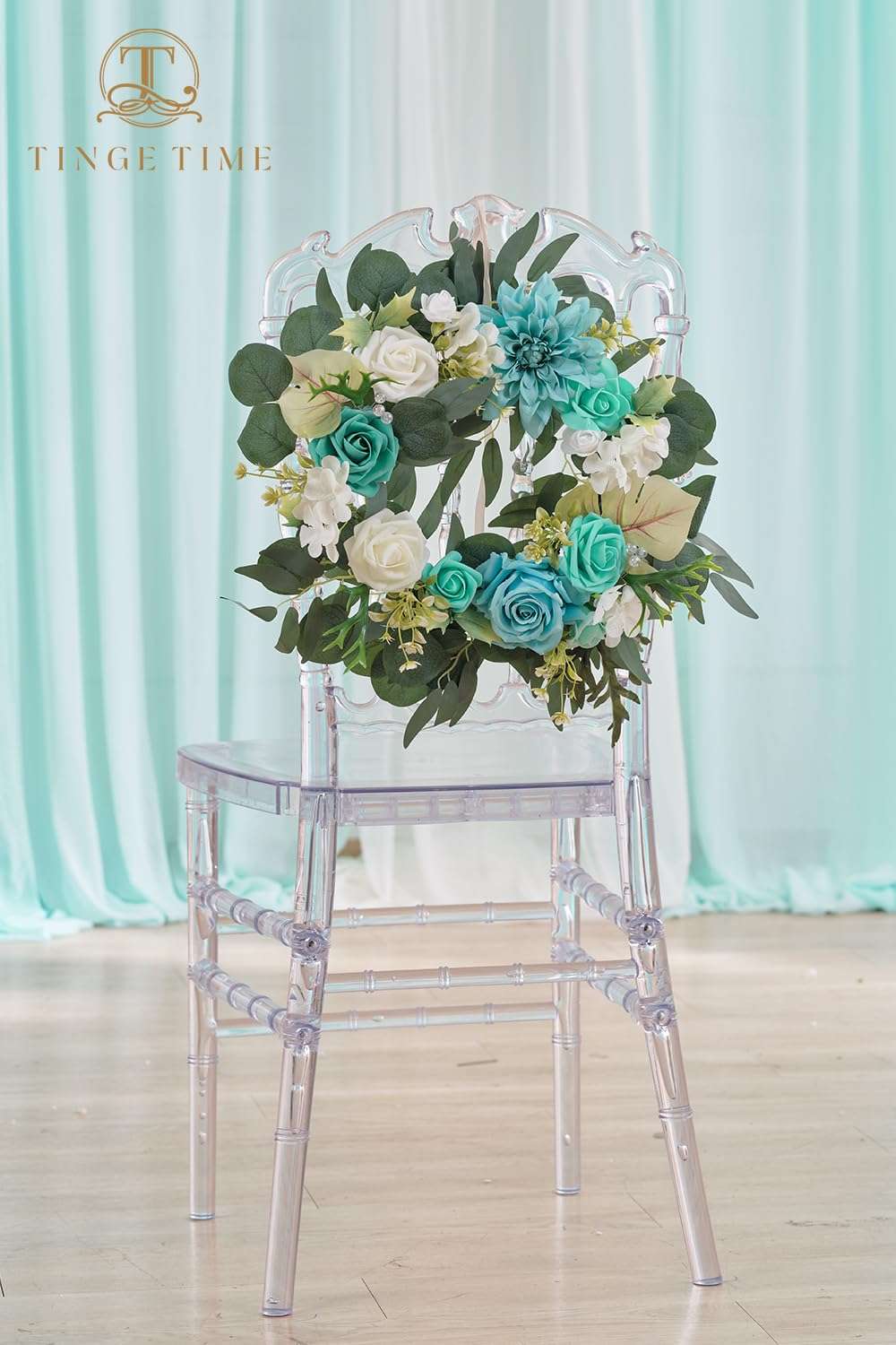 TINGE TIME Aritificial Flowers Candle Rings, 1 Pcs 15inch Diam Teal Blue Fake Rose Wreath Wedding Centerpieces for Tables Summer Garland for Front Door Weddings Party Ceremony Decor 5