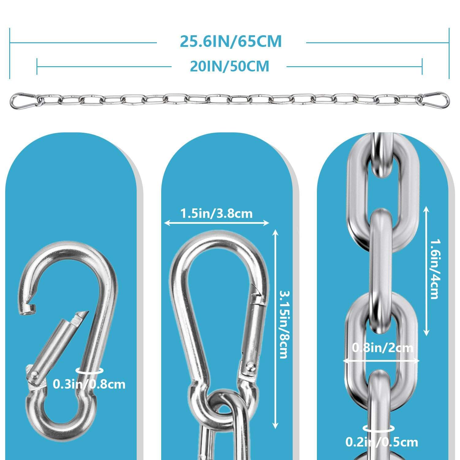 Favuit Heavy Duty Stainless Steel Chain, Hanging Safety Link Chain Fitness Chain Weight Lifting Chains with Carabiners for Home Gym Hammock Swing Hanging Chair Punching Bags (2 Pack) 3