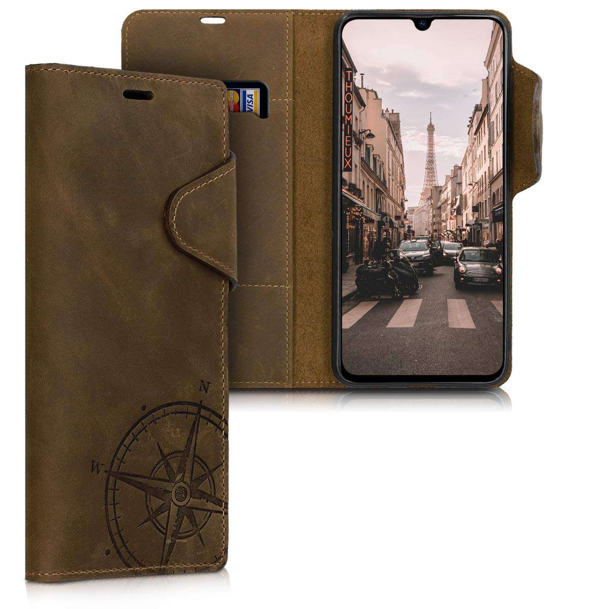 kalibri Case Compatible with Samsung Galaxy A70 - Wallet Case Real Leather Book Style Cover with Card Slot - Navigational Compass Brown 1