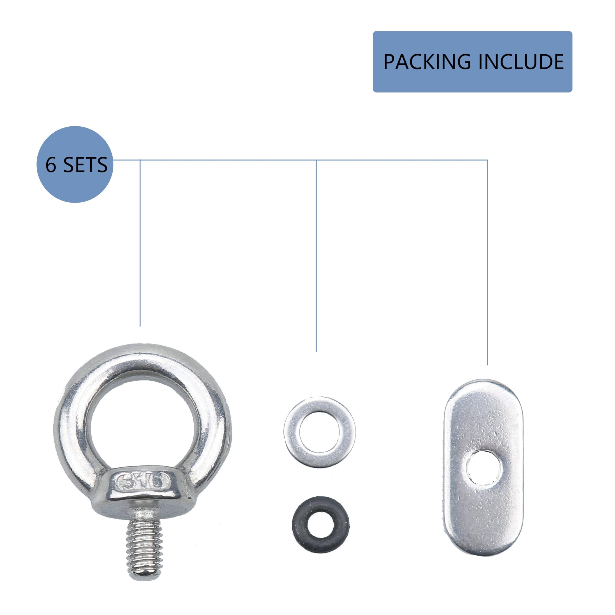 Thorn Track Mount Tie Down Eyelets, M6 Metal Eye Bolts, 316 Stainless Steel, Hold Bungee Cord or Ropes Up to 0.6 Inch, Pack of 6 5
